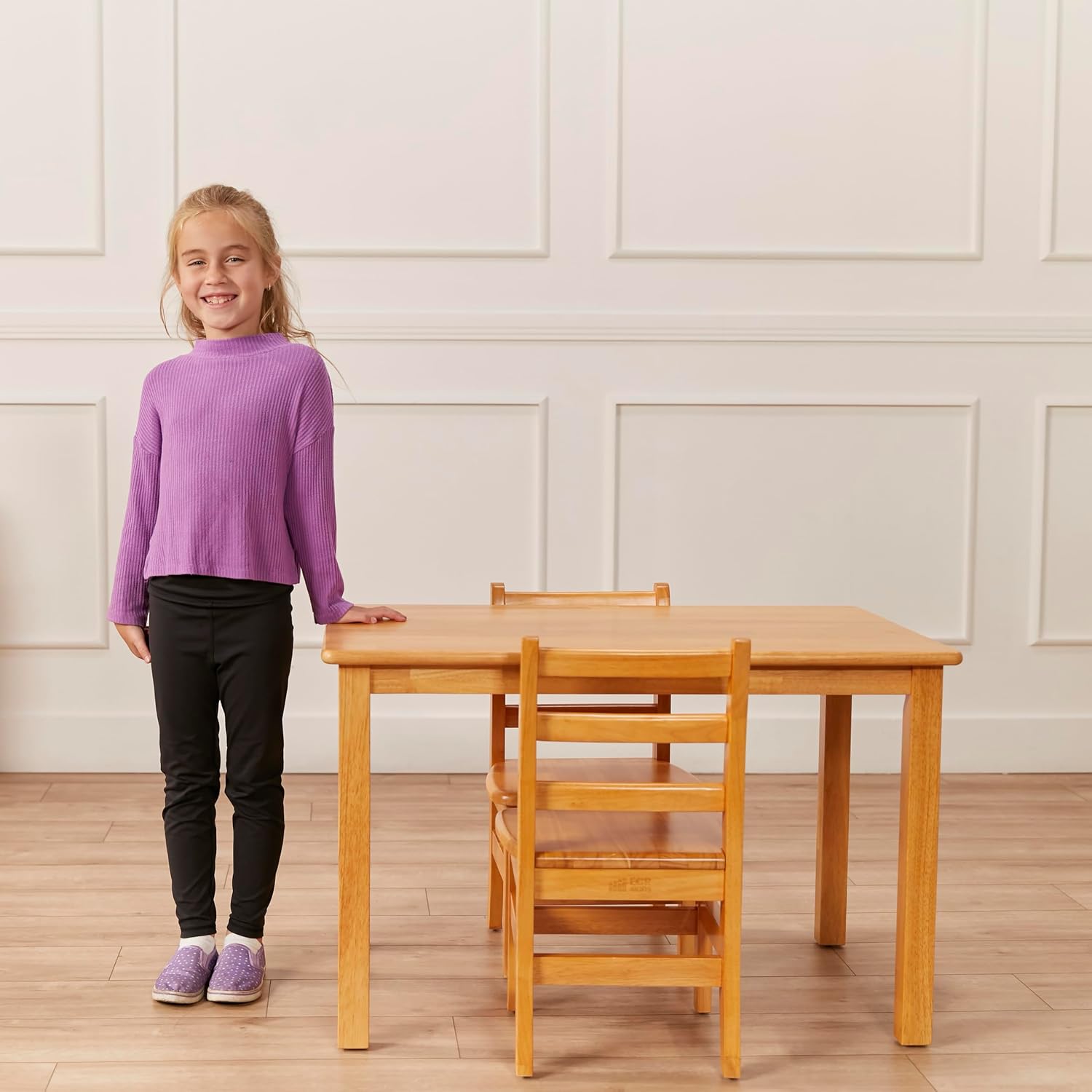 ECR4Kids 24in x 36in Rectangular Hardwood Table and Chair Set, 12in Seat Height, Kids Furniture, Honey, 3-Piece