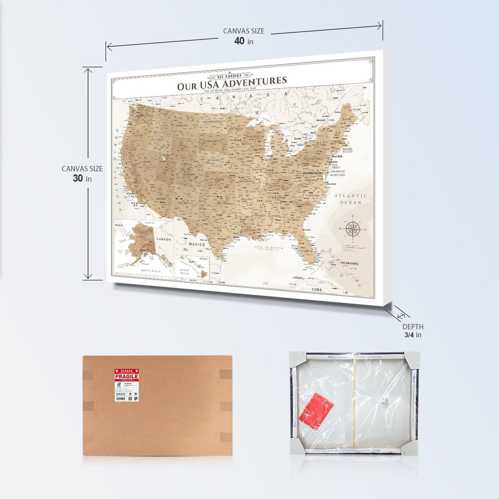 IPIC - Vintage US Map for Travel, Pin Board Canvas Wall Art, Travel Map with Pins Included, Ready to Hang for Home or Office, 40x30 Inch