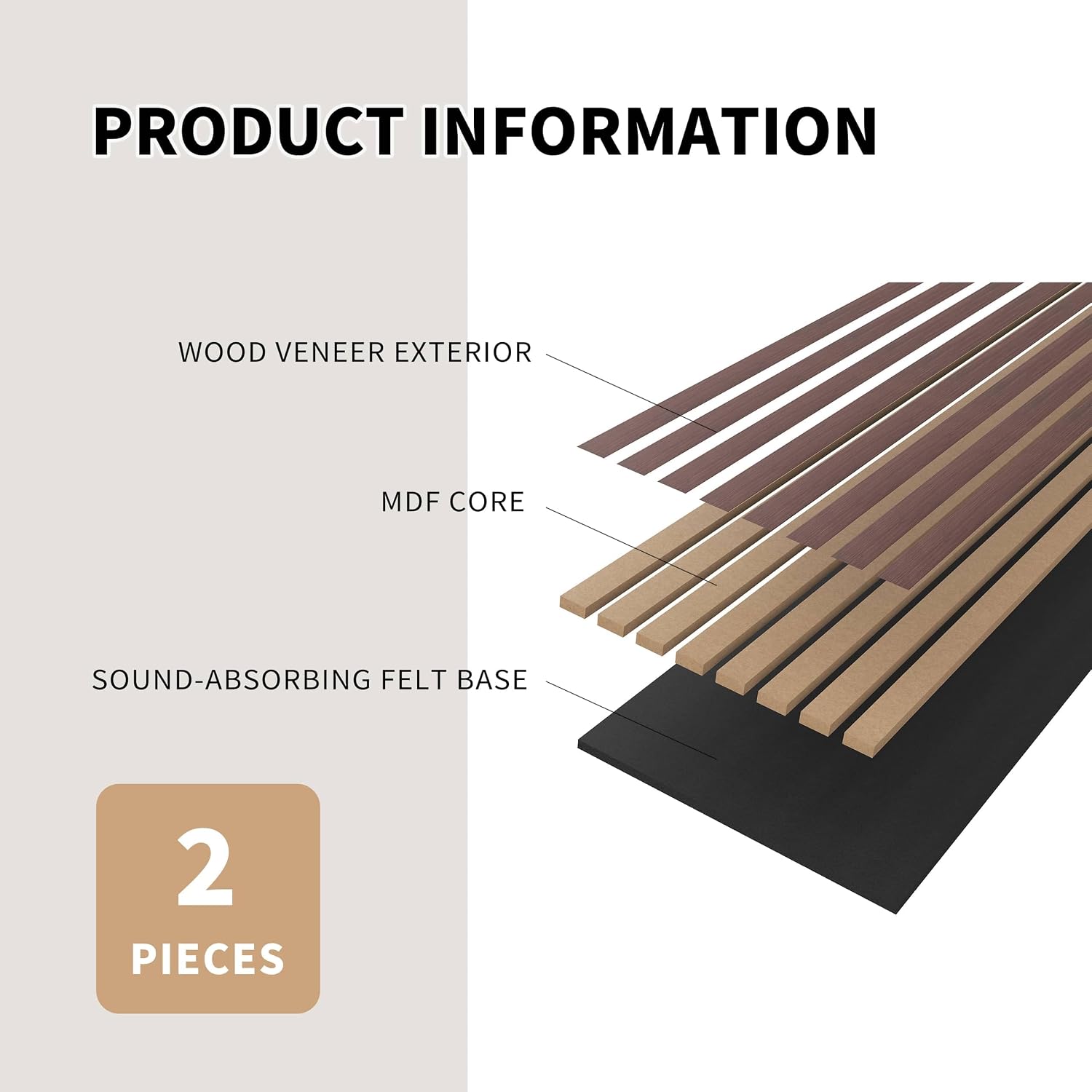 POHARE Wood Slat Wall Panels, 2 Pack Accent Decorative Acoustic Wood Slats for Wall and Ceilings, Acoustic Panels for Interior Wall Décor on Felt Back Board, Walnut, 8 x 1 ft