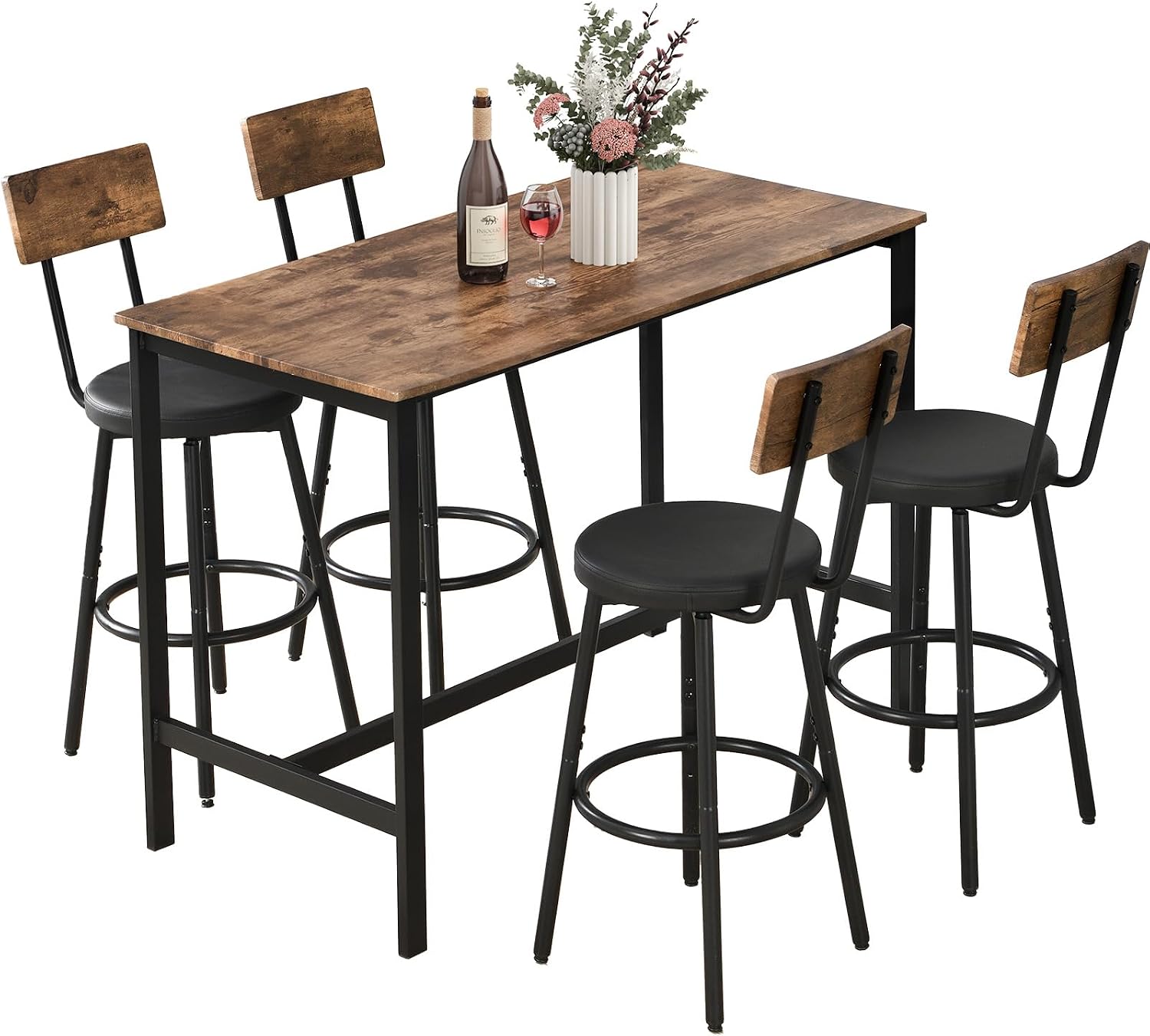 Zevemomo 5-Piece Dining Table Set, Bar Table Set for 4, Kitchen Table and Chairs, Counter Height High Top Table with 4 PU Upholstered Stools, Space-Saving Pub Table Sets for Small Space, Brown & Black