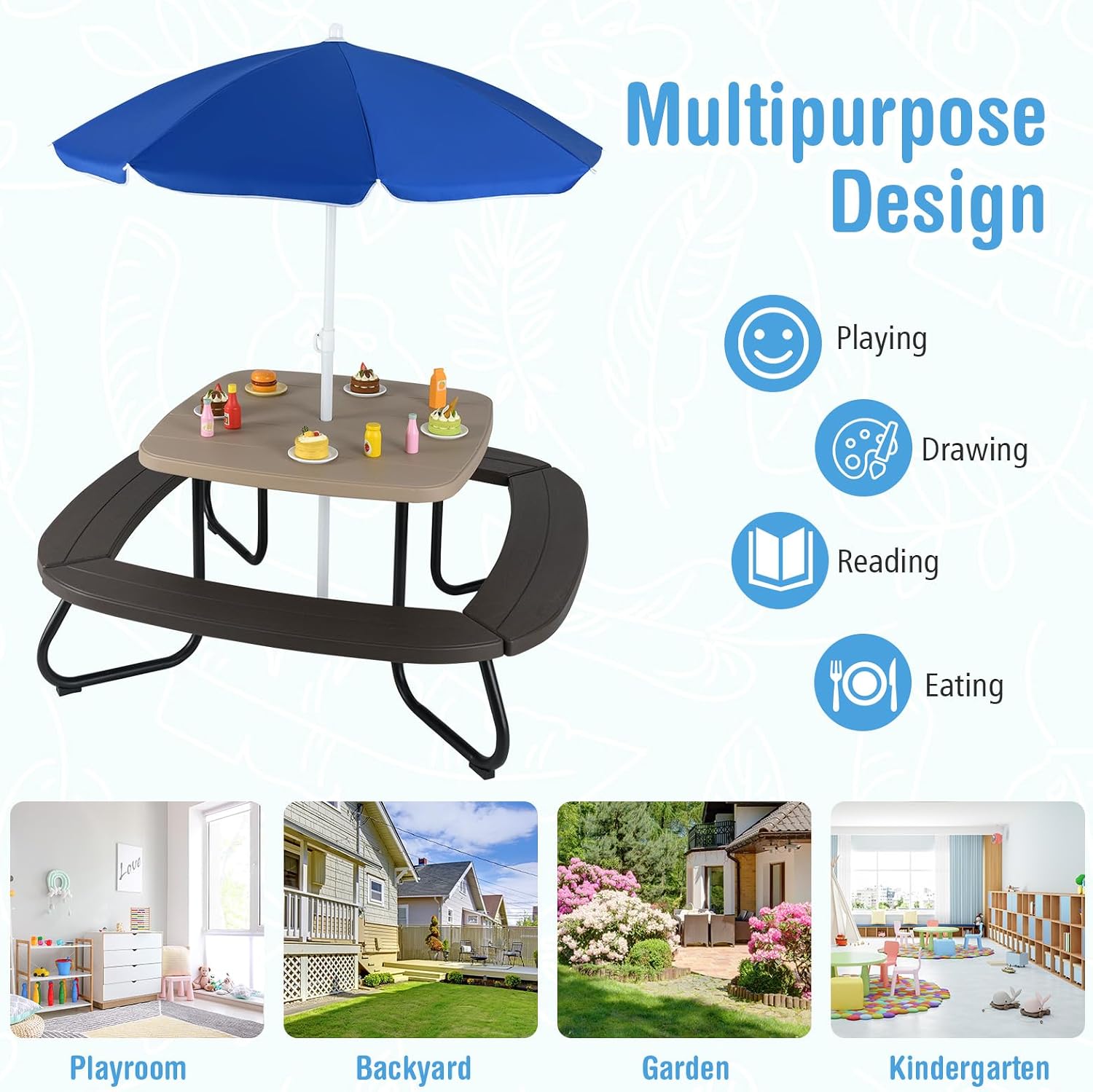 HONEY JOY Kids Picnic Table, 8 Person Toddler Outdoor Table and Chair Set, 4 Built-in Benches, Removable Umbrella, Metal Frame & HDPE Top, Children Outdoor Furniture for Backyard Patio Garden (Coffee)