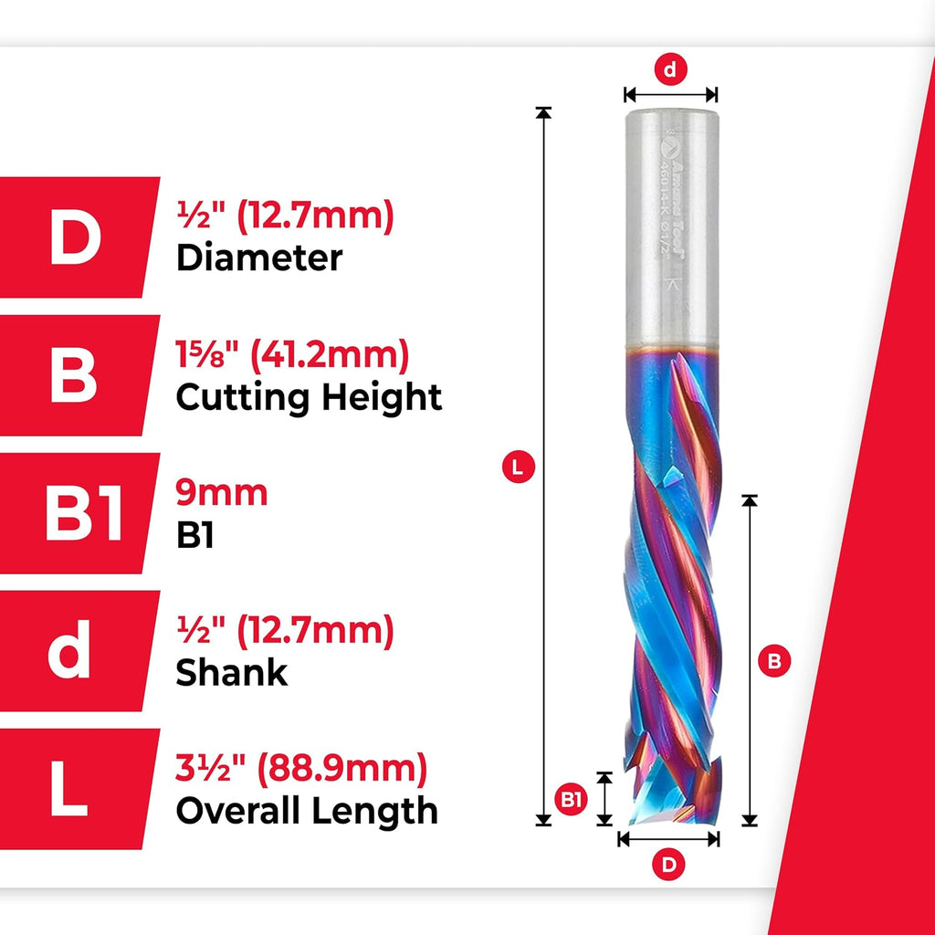 Amana Tool Spektra Extreme Tool Life Solid Carbide CNC Compression Spiral Router Bit, 46014-K, 1/2 D x 1-5/8 CH x 1/2 Shank x 3-1/2 Inch Long 3 Flute
