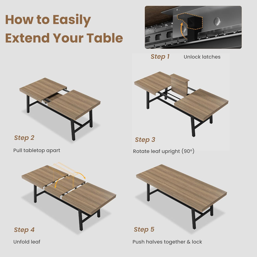 GarveeHome 63-83' Extendable Dining Table, Industrial Rectangular Dining Room Table for 6-8 People, Expandable Kitchen Table with Heavy Duty Metal Frame for Dining Room, Kitchen & Parties, Rustic Pear