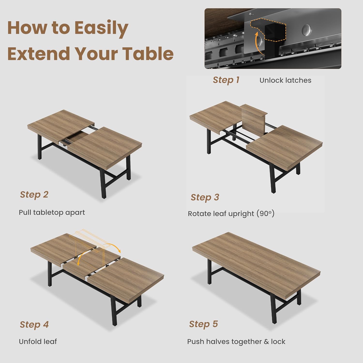 GarveeHome 63-83' Extendable Dining Table, Industrial Rectangular Dining Room Table for 6-8 People, Expandable Kitchen Table with Heavy Duty Metal Frame for Dining Room, Kitchen & Parties, Rustic Pear
