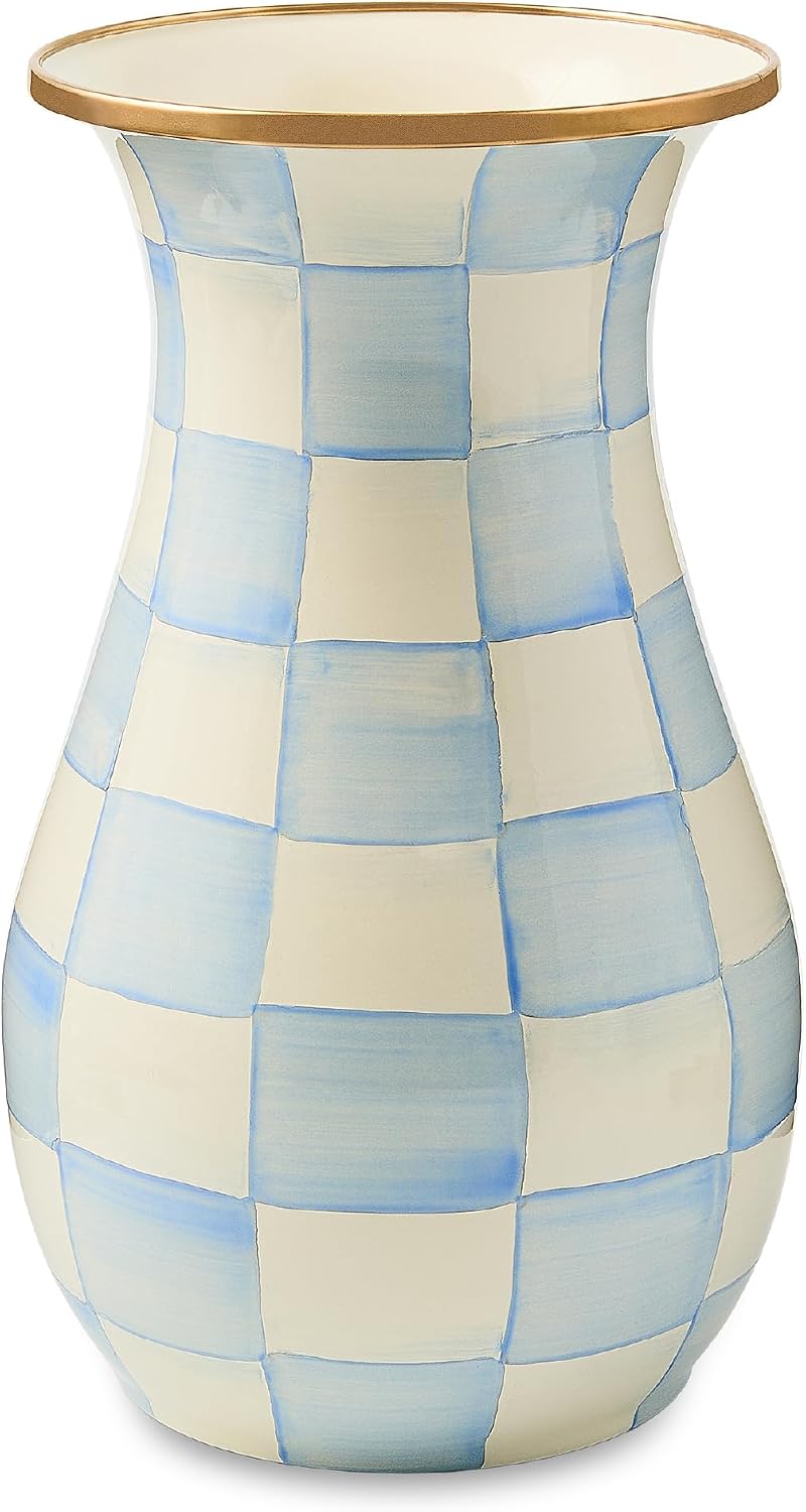 MACKENZIE-CHILDS Enamel Vase, Unique Flower-Vase Decor for Living Room, Tall, Light-Blue-and-White Sky Check