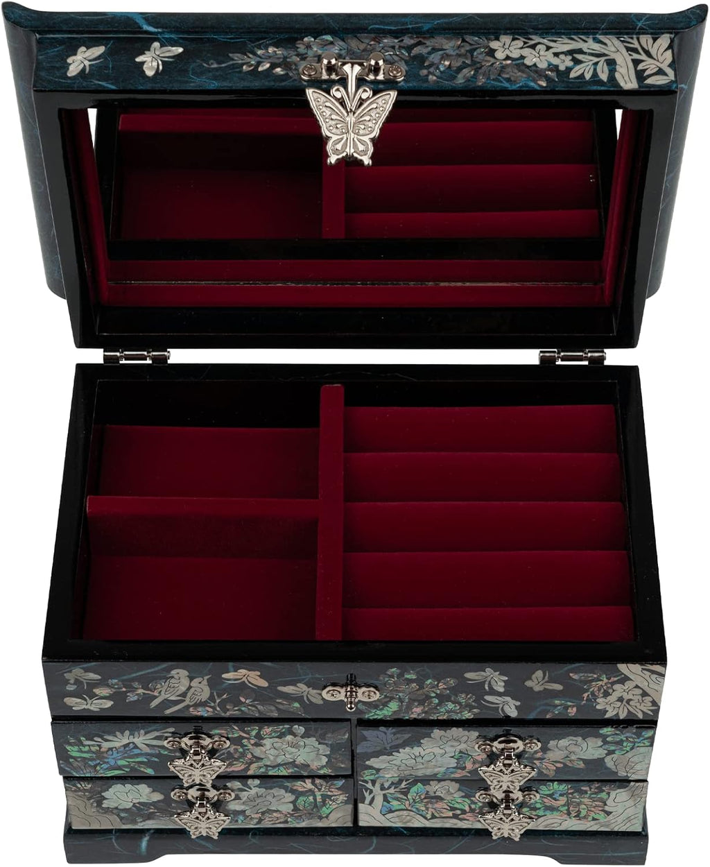 February Mountain Elegant Mother of Pearl Jewelry Box – Handcrafted Wooden Chest with Intricate Butterfly and Crane Designs, 4 Drawer Storage, and Red Velvet Interior – Ideal Gift for Women
