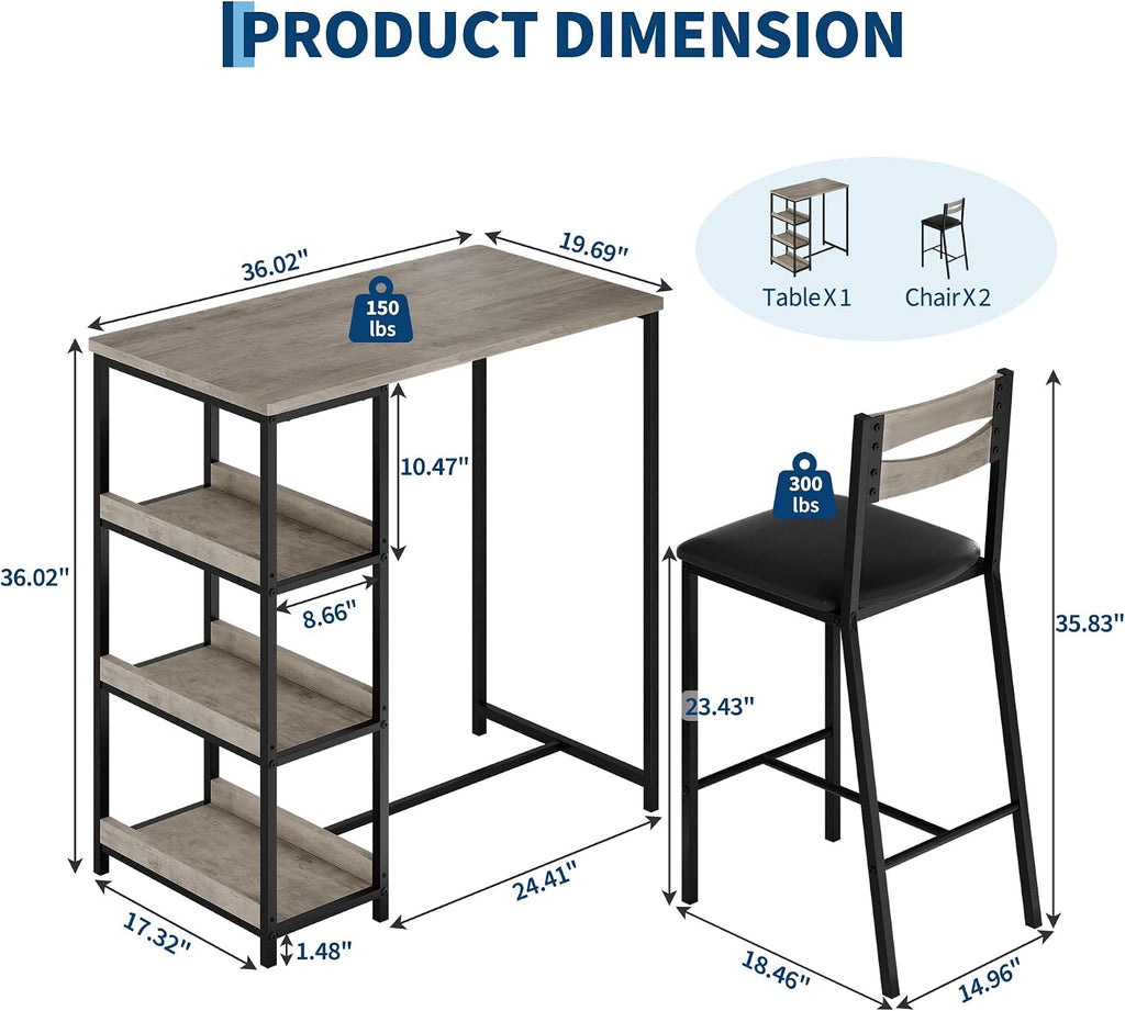GarveeHome 3-Piece Kitchen Table Set with Storage Shelves & 2 Upholstered Chairs - Iron and Wood Dining Table for Small Spaces, Apartments, Condos, Grey