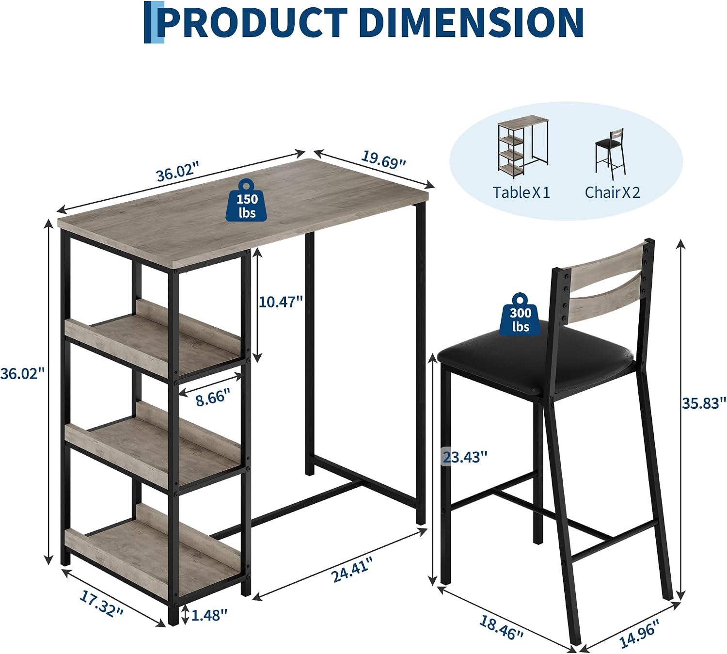 GarveeHome 3-Piece Kitchen Table Set with Storage Shelves & 2 Upholstered Chairs - Iron and Wood Dining Table for Small Spaces, Apartments, Condos, Grey