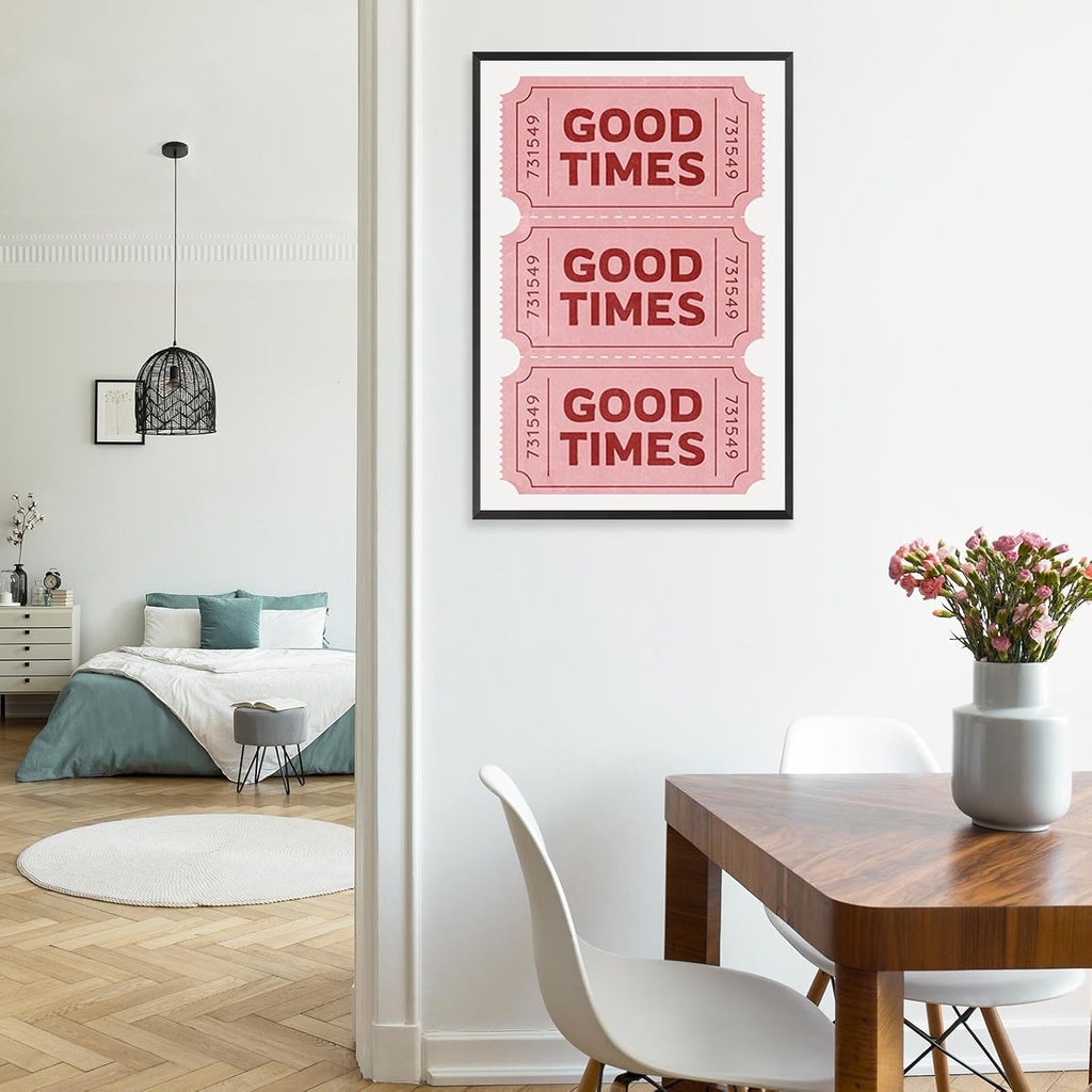 Vintage Pink Good Times Ticket Print Red Retro Pink Room Aesthetic Bathroom Canvas Wall Art Poster Trendy Pink White Pictures Ticket Wall Art For College Dorm Apartment Decor 24x36in Framed
