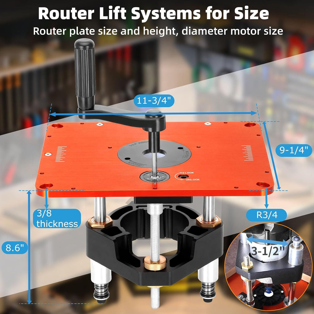 3-1/2' Router Lift System, Precision Router Table Lift for 3-1/2' Diameter Motor, 9-1/4'' x 11-3/4'' Plate 5-Piece Insert Ring Kit Compatible with Bosch, Kreg, Skil, Porter, DeWalt, Craftsman, Ridgid