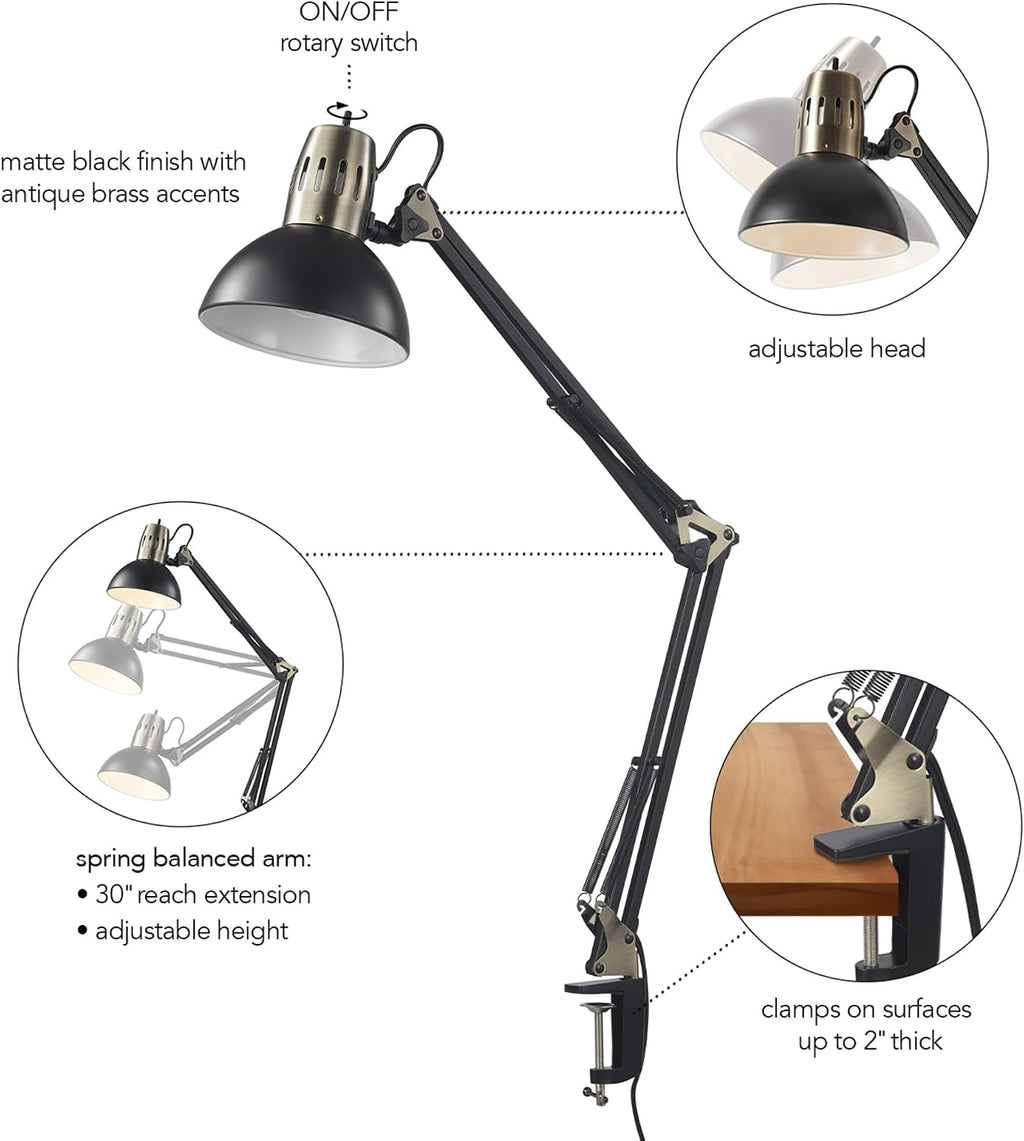 31.5' Multi-Joint Desk Lamp with Metal Clamp, Black, On/Off Rotary Switch on Shade, Partially Adjustable Swing Arm, Home Essentials, Reading Light, Office Décor