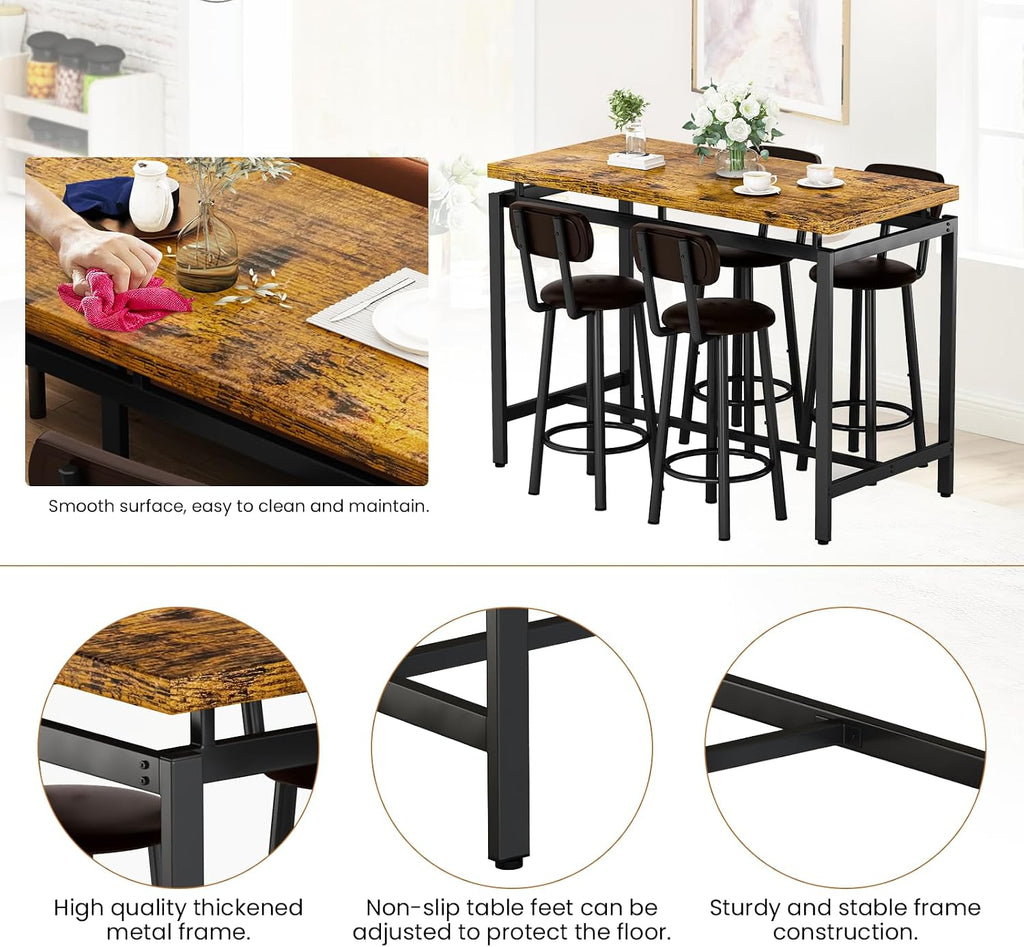 Recaceik Bar Table Set for 4 Bar Table and Chairs Set, Industrial Dinner Table with 4 PU Leather Upholstered Backrest Stool, Counter Height Pub Dining Room Table Set for Apartment Small Spaces