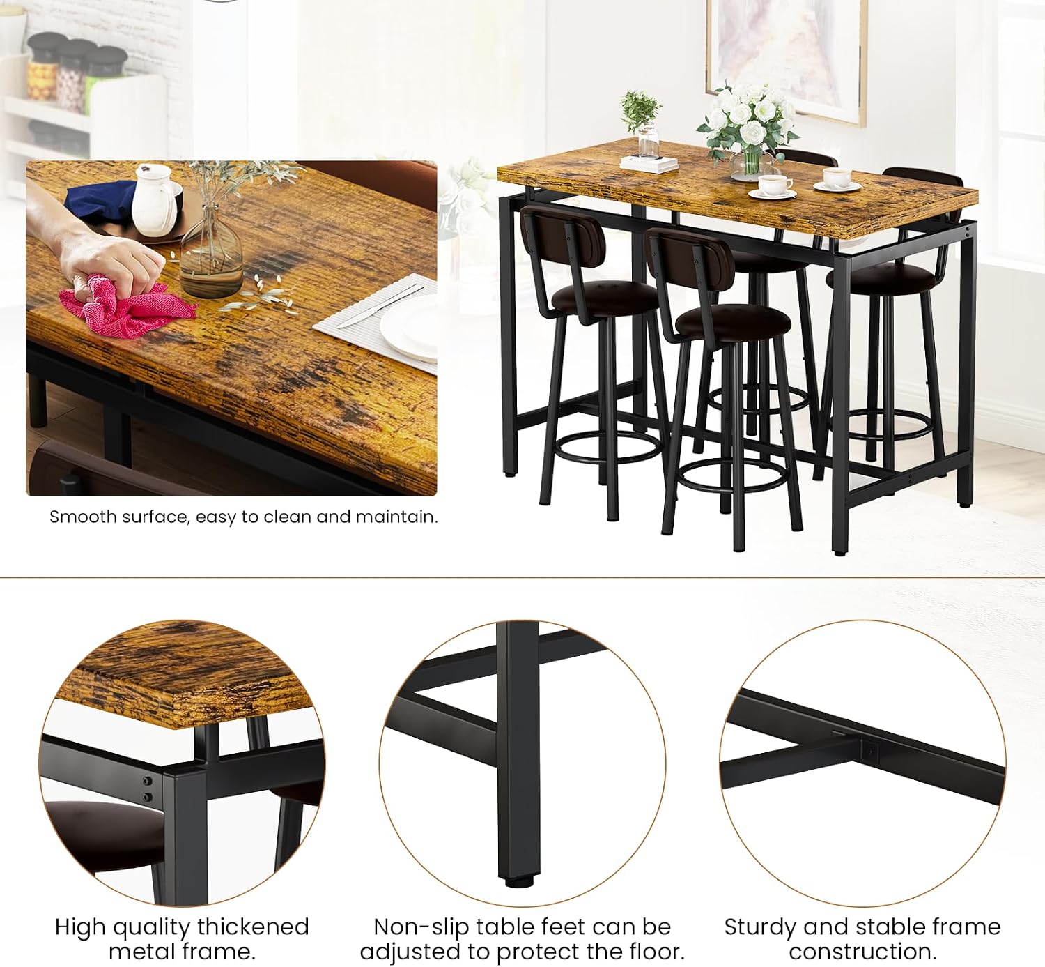 Recaceik Bar Table Set for 4 Bar Table and Chairs Set, Industrial Dinner Table with 4 PU Leather Upholstered Backrest Stool, Counter Height Pub Dining Room Table Set for Apartment Small Spaces