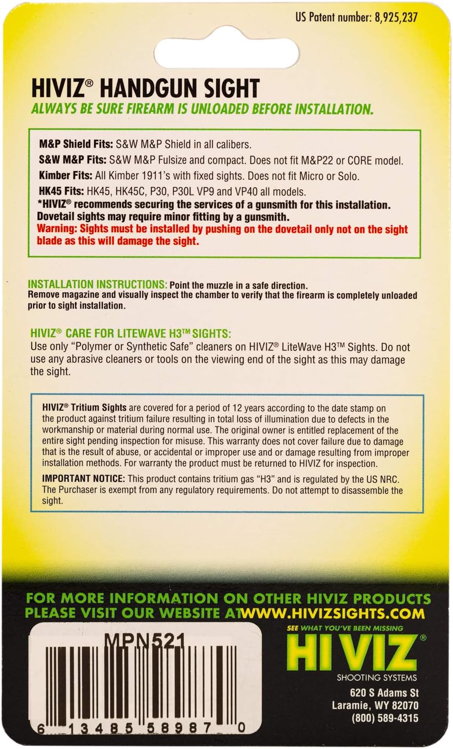 HiViz® LiteWave H3 Sight Tritium LitePipe Day/Night for M&P Fullsize & Compact in All Calibers.