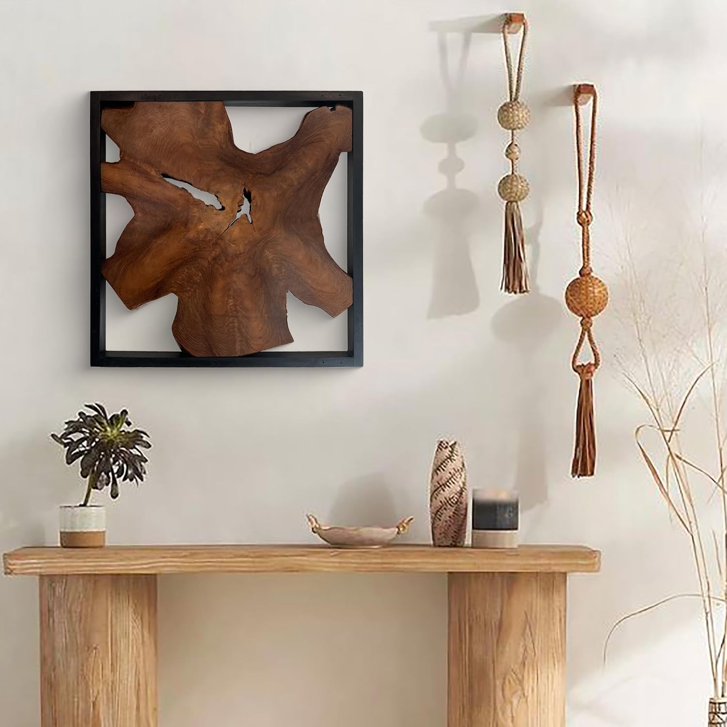 Warmaxx Rustic Teak Wood Wall Art 27.8'L x 27.8'W x 2.3' Thickness Farmhouse Framed Wall Art Aesthetic Decoration Square Home Office Dorm Handmade Freeform Pattern Natural Wall Décor Living Room Bedroom Hallway