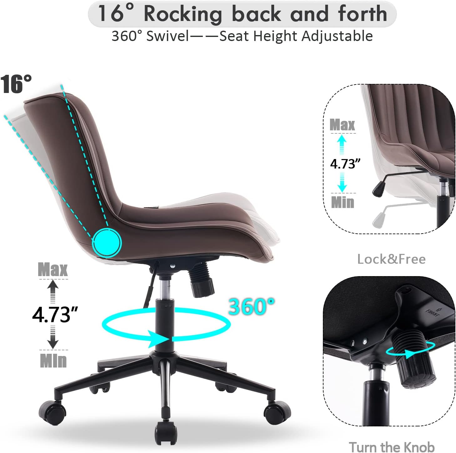 YOUNIKE Ergonomic Home Office Desk Chair with Wheels Comfy Armless Criss Cross Chair with Adjustable Back Modern Leather Upholstered Swivel Vanity Chair Small Cute Rolling Task Chair for Women Brown