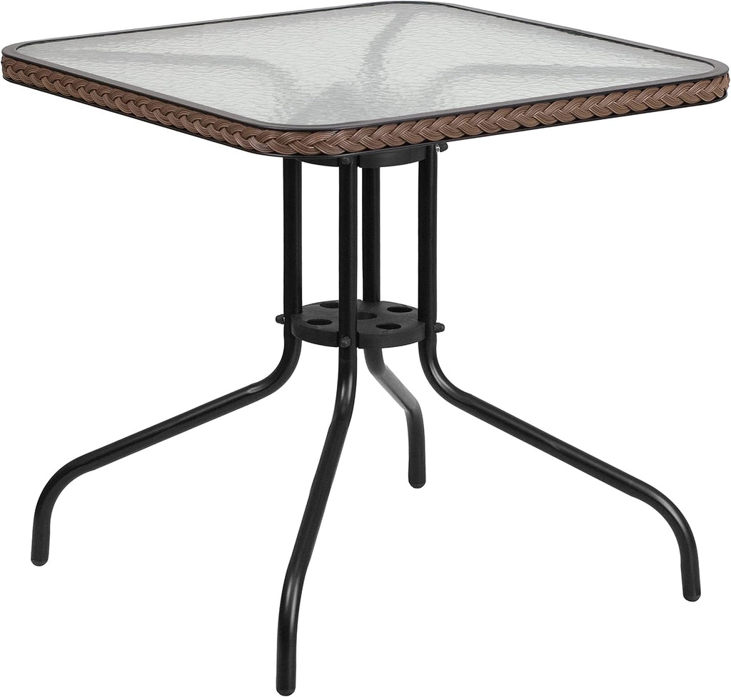 Flash Furniture Lila 28'' Square Glass Metal Table with Dark Brown Rattan Edging and 4 Dark Brown Rattan Stack Chairs