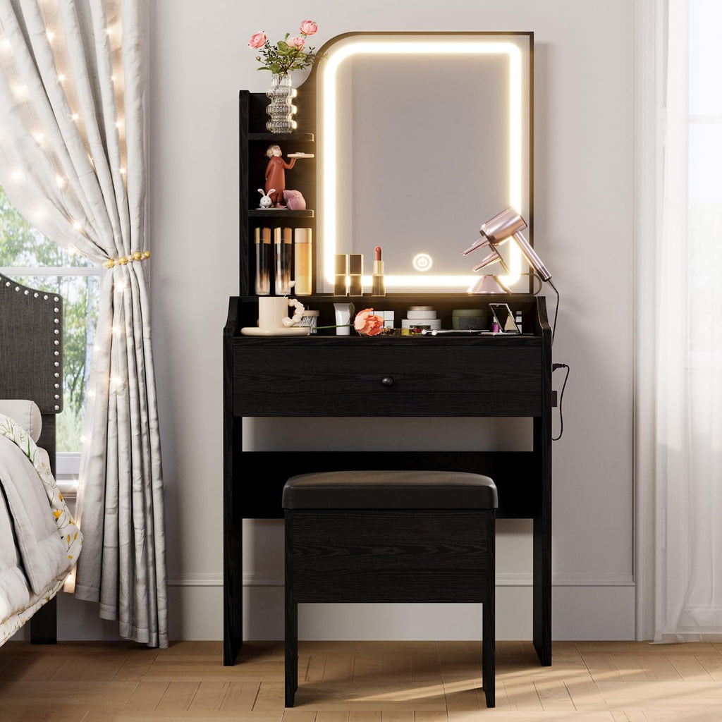 LIKIMIO Small Makeup Vanity Desk with Mirror and Lights, Vanity Table Set with Storage Drawer, Chair and Three Shelves, Bedroom, Black