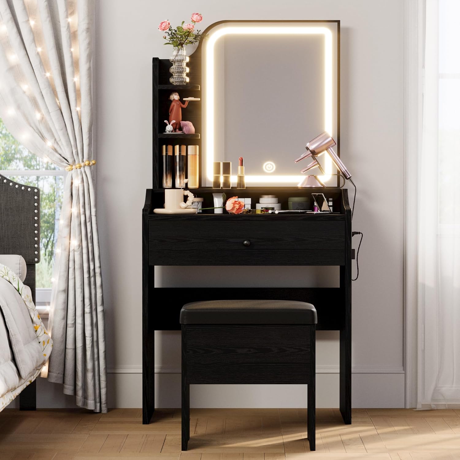 LIKIMIO Small Makeup Vanity Desk with Mirror and Lights, Vanity Table Set with Storage Drawer, Chair and Three Shelves, Bedroom, Black