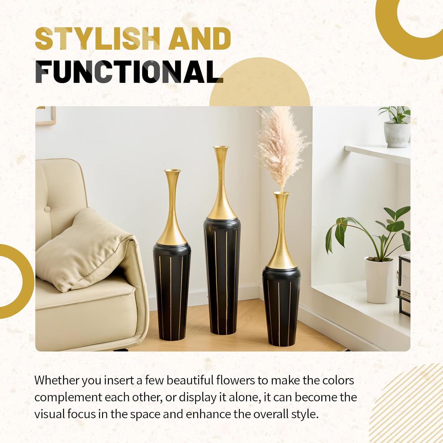 Set of 3 Modern Black and Gold Floor Vases, Handcrafted Tall Metal Decorative Vases, Luxury Floor Vases for Entryway, Living Room, Glam Home Decor, Dried Flowers & Pampas Grass