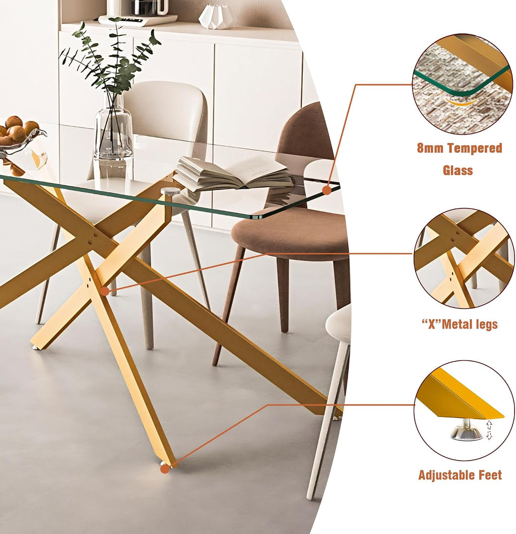 60' Glass Dining Table Modern Kitchen Table for 4-6 People, Contemporary Rectangular Dining Room Dinner Tables with Clear Glass Top & Gold Metal X Legs for Kitchen Apartment