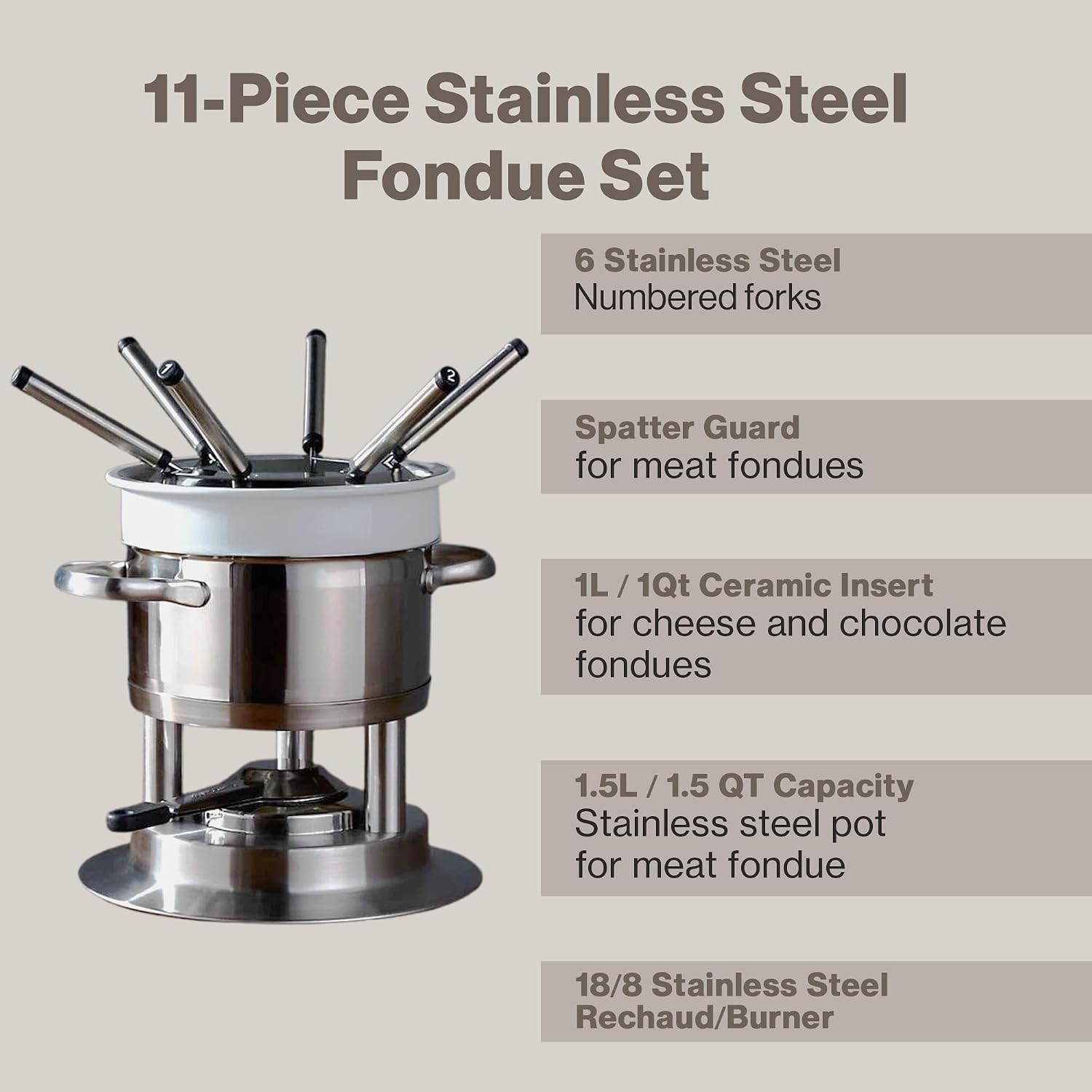 Swissmar Arosa 11-Piece Stainless Steel 3-in-1 Fondue Set - Ideal for Melting Cheese, Chocolate, Butter, & More - Perfect for Kitchen Collection & Wedding Gift Giving - 1.6 Quarts / 1.5 Liter