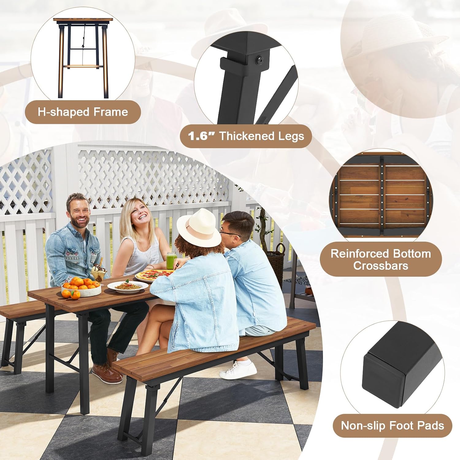 Tangkula 59' Narrow Outdoor Dining Table for 4-6, No Assembly Foldable Patio Dining Table with Acacia Wood Top & Heavy Duty Metal Frame, Portable Table for Yard, Garden, Poolside or Indoor (Natural)