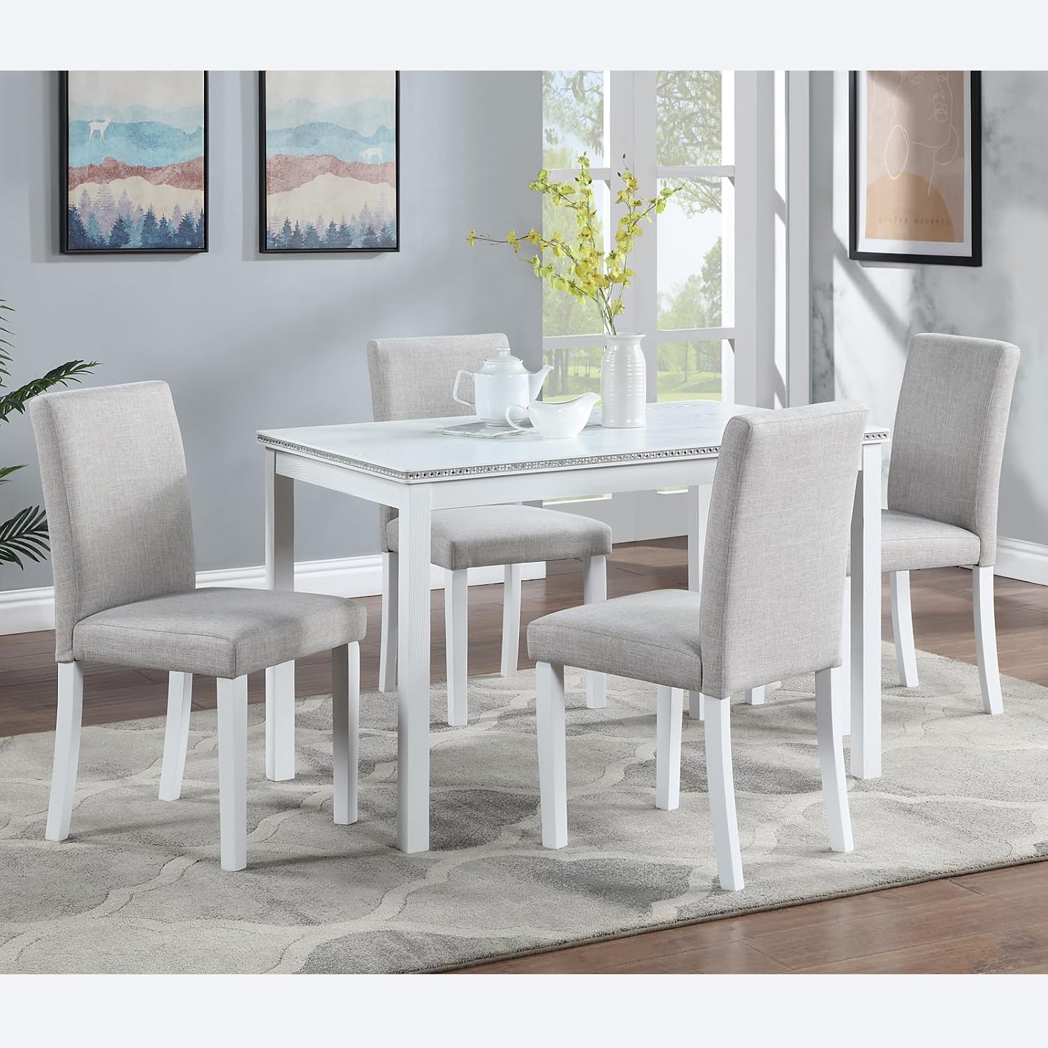 LUMISOL Dining Table Set for 4, 5-Piece Solid Wood Kitchen Table Set with 4 Upholstered Chairs for Kitchen, Dining Room, Home Bar, White