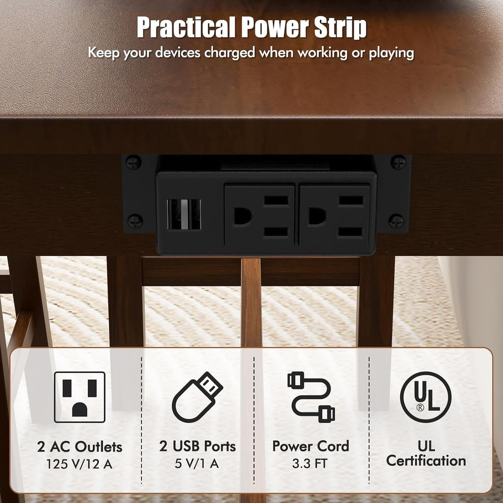 Tangkula 4-Piece Bar Table with Stools, Wooden Dining Bar Table & Chairs Set w/Power Outet, Kitchen Console Table w/ 3 Upholstered Stools for Living Room, Dining Room (Walnut Brown)