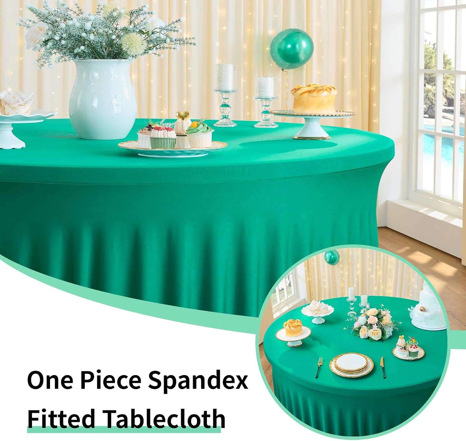 Outpain 6 Pack Emerald Spandex Round Tablecloths for 72 inch Table, Stretchy 132inch Fitted 6FT Round Table Cloths, Wrinkle Free Table Cover with Skirt for Wedding Party Dining Banquet