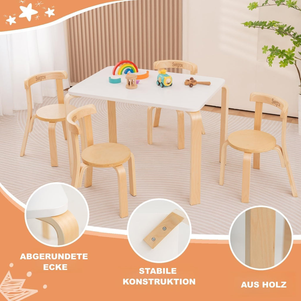 Swegrow Kids Table and 4 Chairs Set, Wooden Table and Chairs for Kids & Toddler，Kid Wooden Furniture for Playroom/Home/Kindergarten