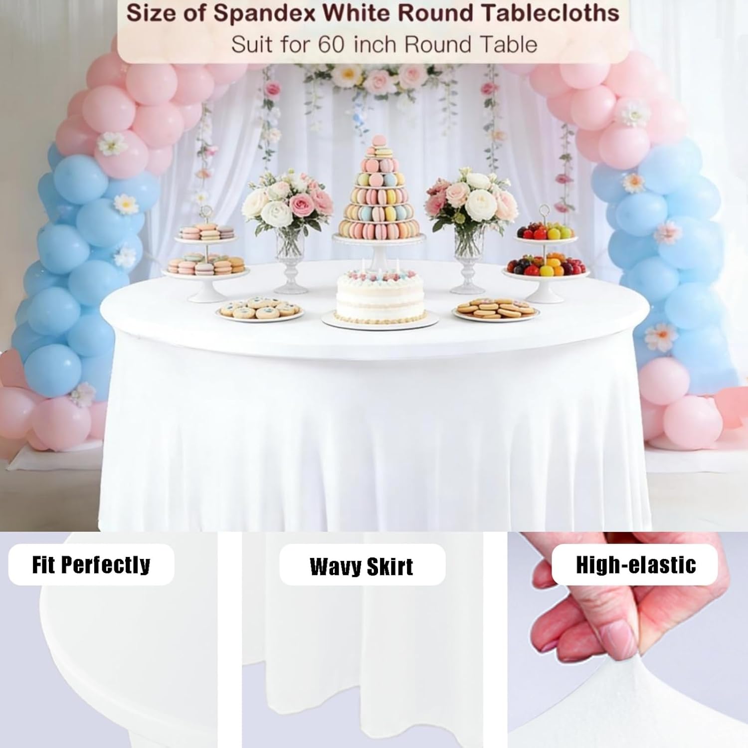 10 Pack White Spandex Round Tablecloths for 60inch Tables, 120 Inch Stretchy 5ft Round Fitted Tablecloth Wrinkle Free Washable Table Cloths Table Covers with Skirt for Wedding Party Birthday Banquet