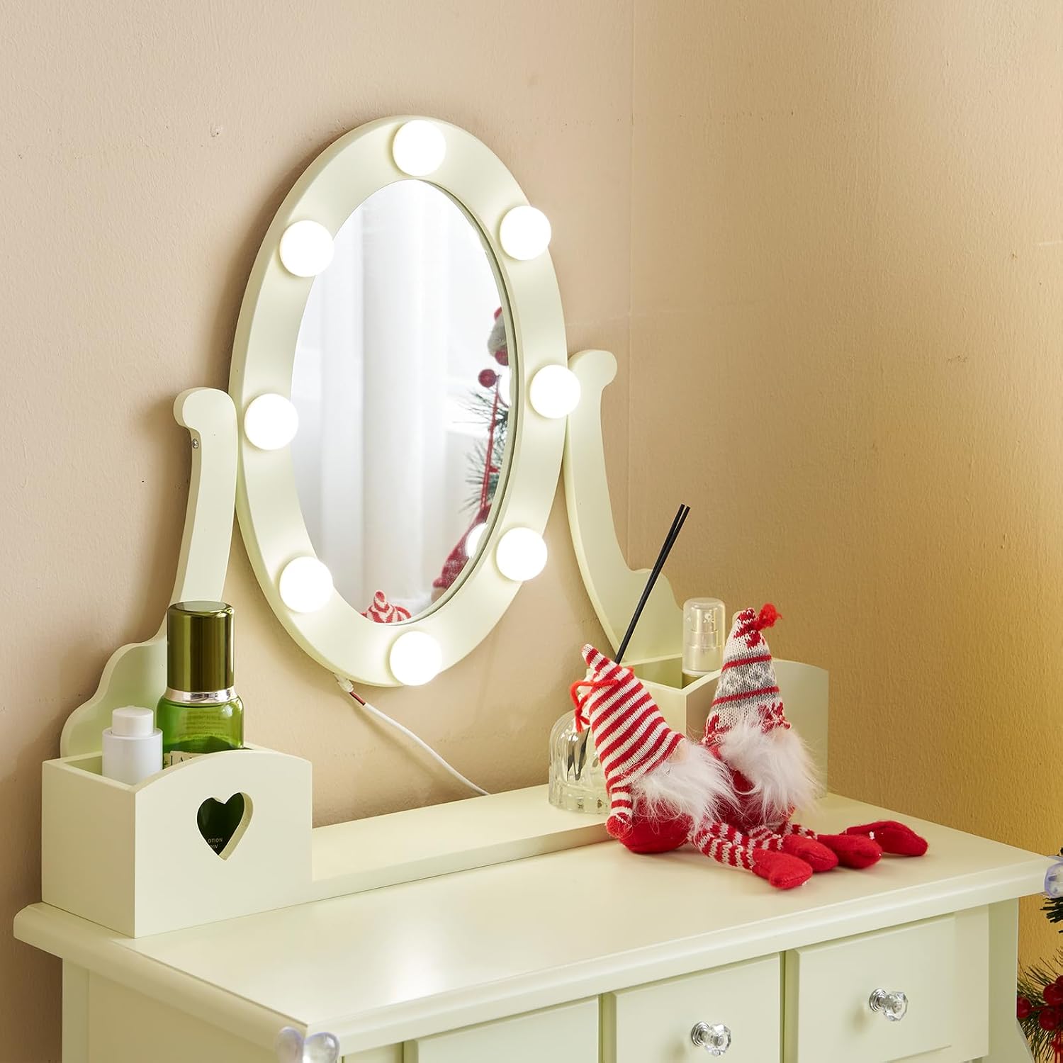Karl home Kids Vanity Table and Chair Set, Princess MDF Dressing Table with 3-Color LED Lighted Mirror and 3 Drawers, Lovely Waved Design for Toddler's Bedroom and Playroom Decor, Macaroon Yellow