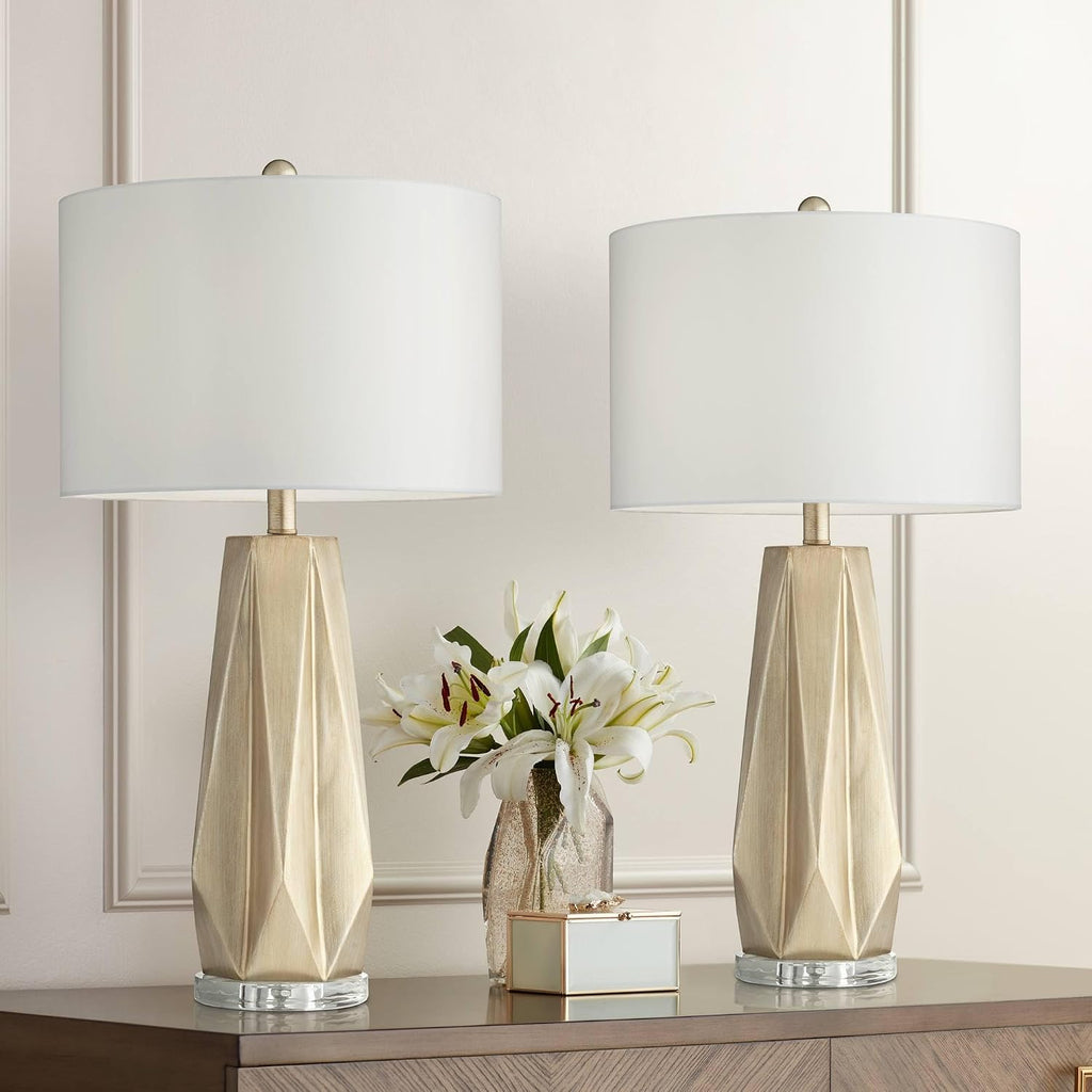 Possini Euro Design Bravo 28' Tall Geometric Modern Table Lamps Set of 2 Champagne Finish White Shade Living Room Bedroom Bedside Nightstand House Office Home Reading Kitchen Entryway Console