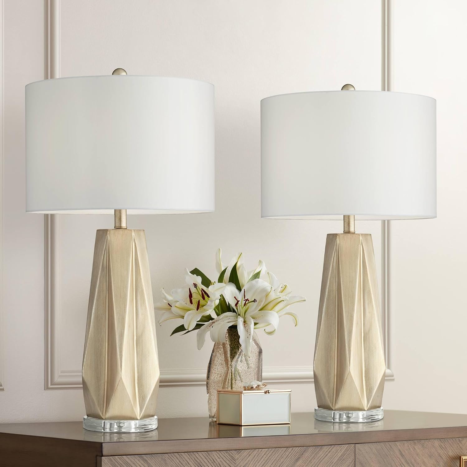Possini Euro Design Bravo 28' Tall Geometric Modern Table Lamps Set of 2 Champagne Finish White Shade Living Room Bedroom Bedside Nightstand House Office Home Reading Kitchen Entryway Console