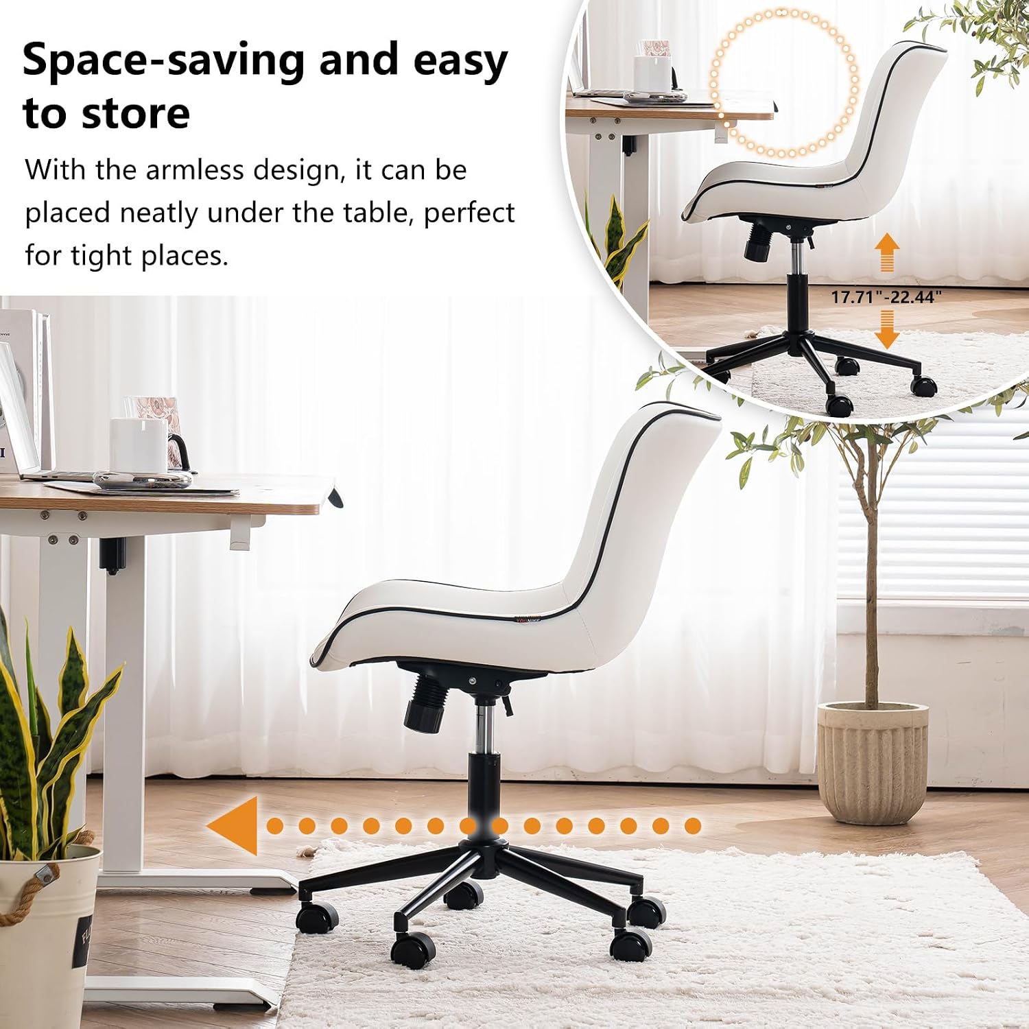 YOUNIKE White Armless Office Chair Faux Leather Small Cute Desk Chair with 12° Rocking Back Adjustable Height Swivel Vanity Chair Ergonomic Compact Home Computer Rolling Task Chair for Small Spaces