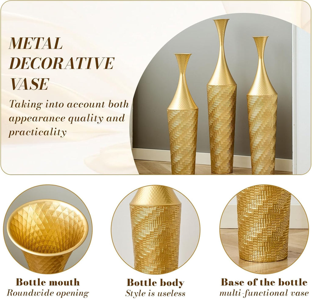 Set of 3 Gold Metal Floor Vases, Handcrafted Hammered Tall Decorative Vases, Rustproof Iron Large Floor Vases for Living Room, Entryway, Pampas Grass & Dried Flower Arrangement