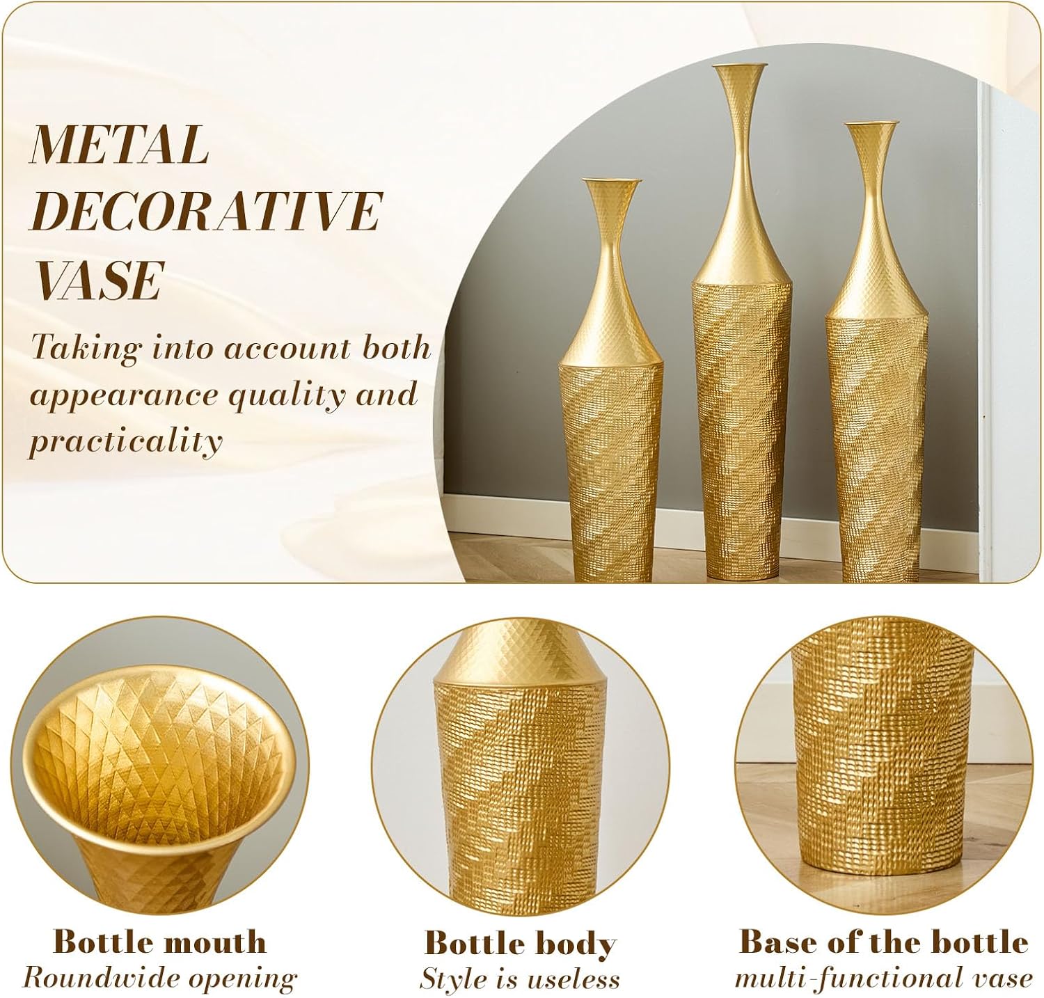 Set of 3 Gold Metal Floor Vases, Handcrafted Hammered Tall Decorative Vases, Rustproof Iron Large Floor Vases for Living Room, Entryway, Pampas Grass & Dried Flower Arrangement