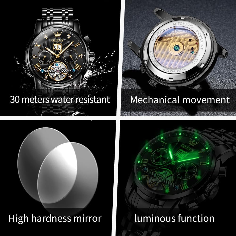 OLEVS Mens Watches Luxury Waterproof Luminous Easy Read Chronograph Watches Full Gold/White Dail/Black Face with Calendar Wrist Watches