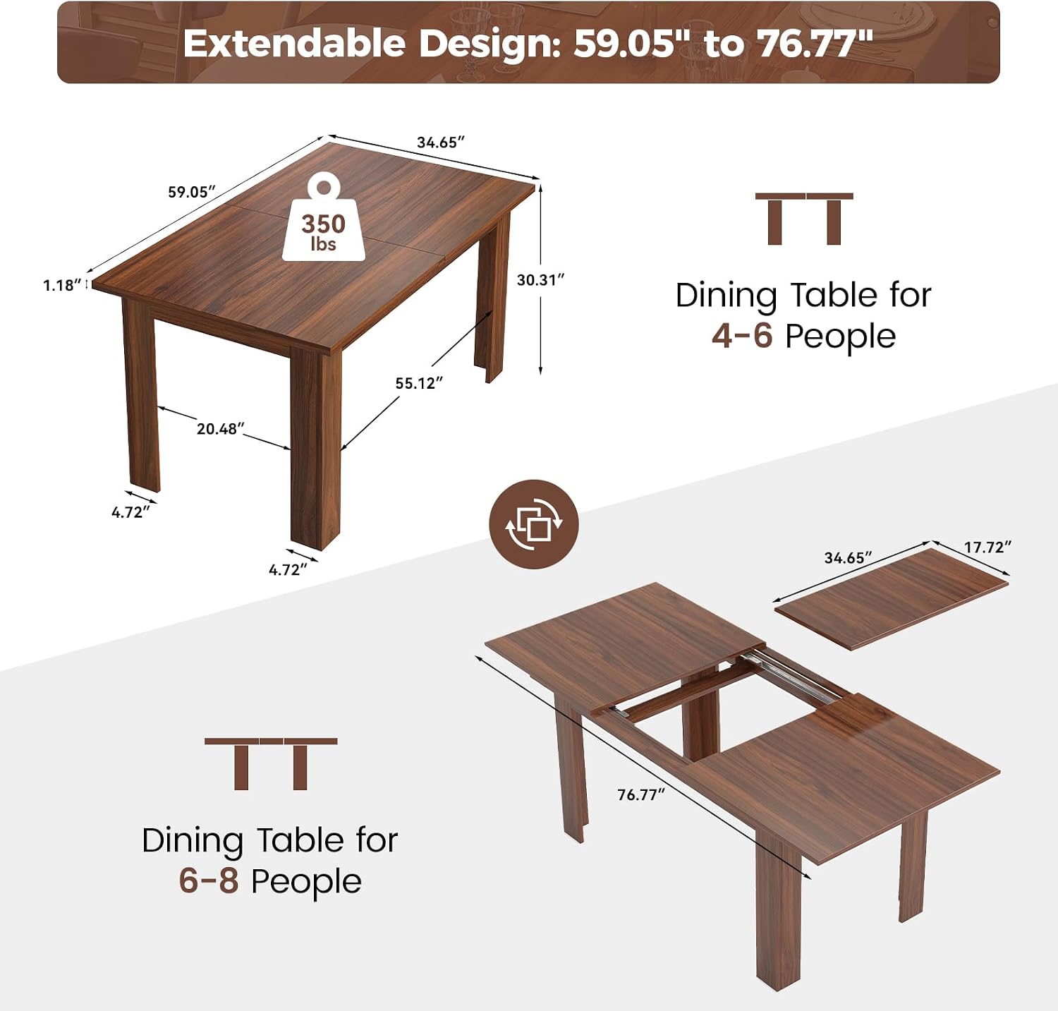 Miereirl 59'–77' Extendable Farmhouse Dining Table for 6–8, Space-Saving Rectangular Kitchen Table with Easy Pull-Out Extension for Family Meals, Work & Everyday Use (Walnut)