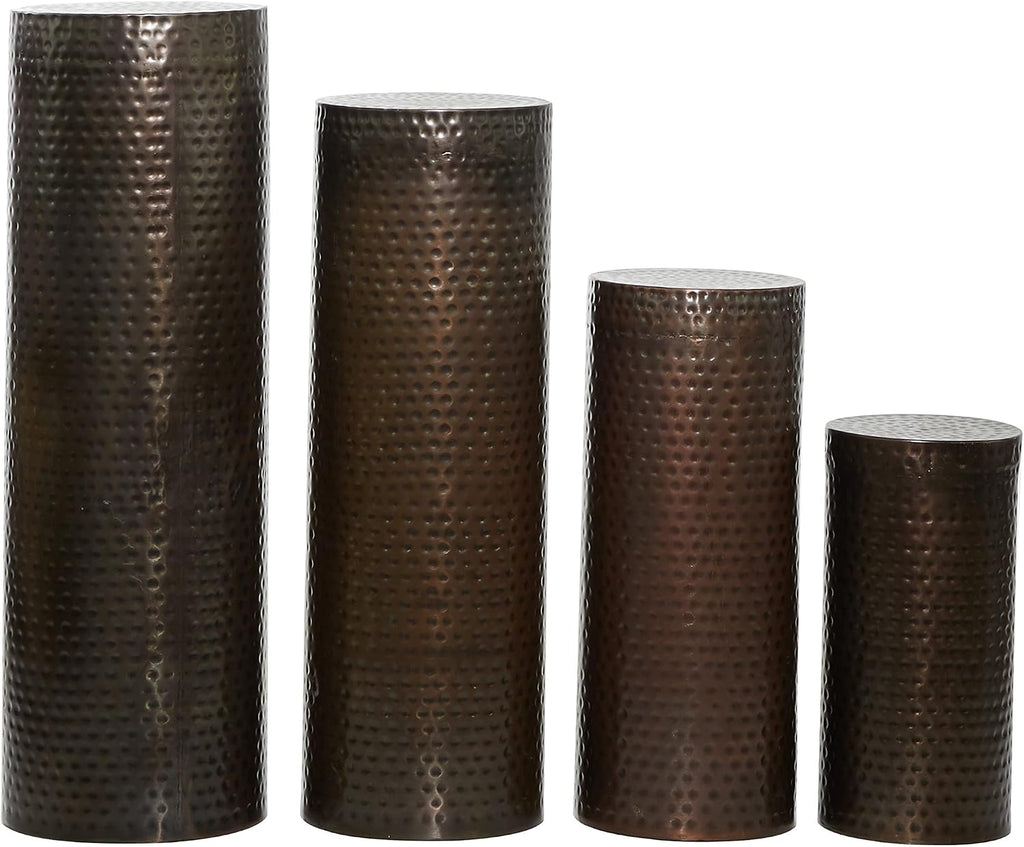 Deco 79 Metal Cylinder Pedestal Table with Hammered Design, Set of 4 36', 32', 24', 18'H, Brown