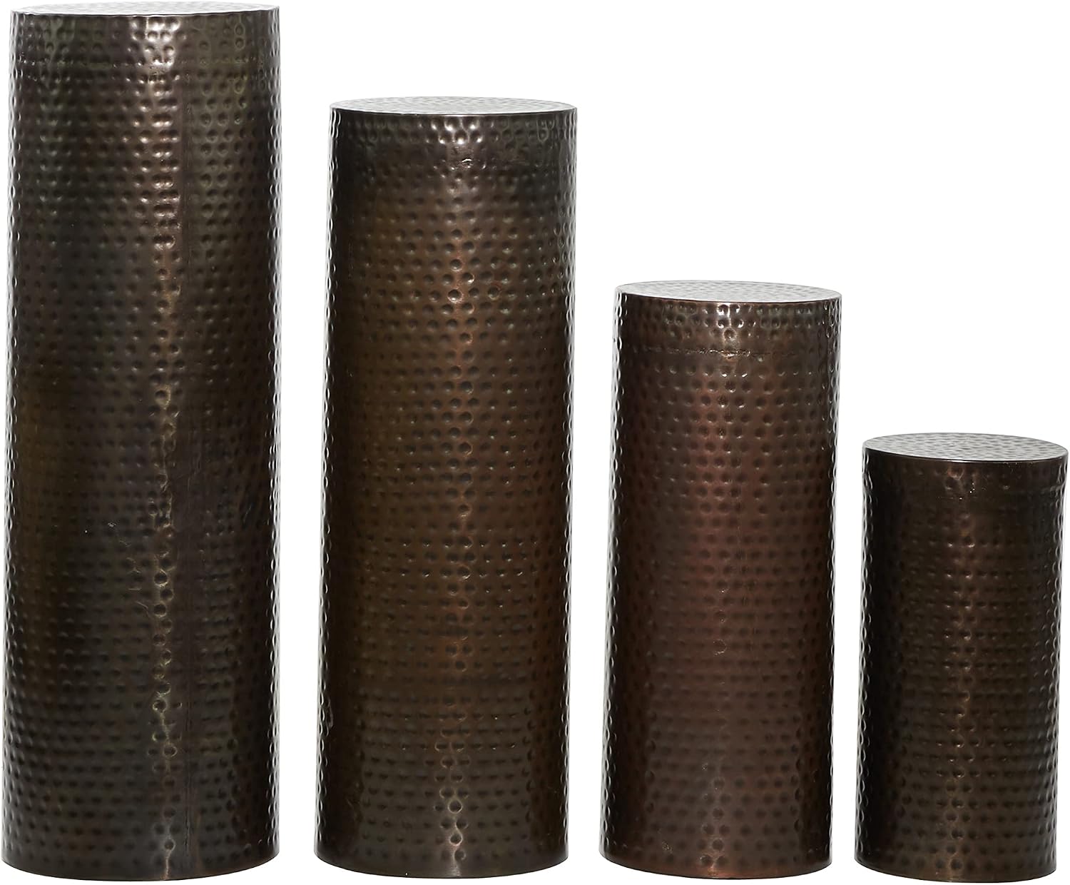 Deco 79 Metal Cylinder Pedestal Table with Hammered Design, Set of 4 36', 32', 24', 18'H, Brown
