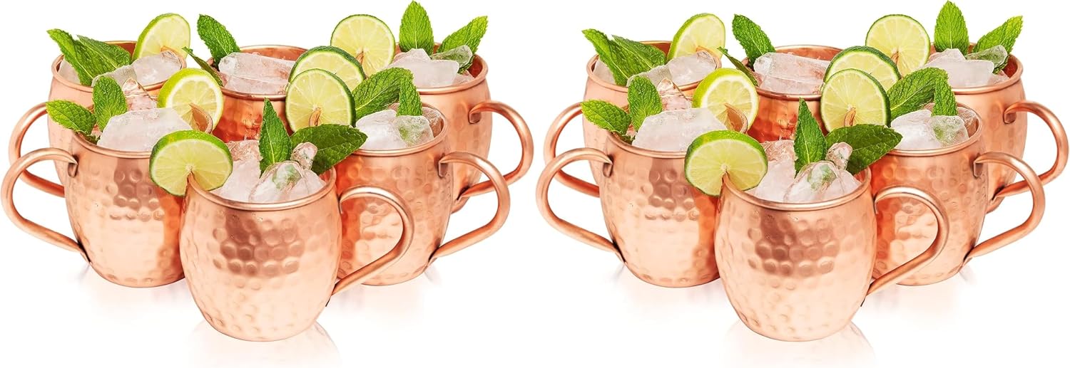 Kitchen Science Moscow Mule Copper Mugs Set of 12, 16 oz Pure Copper Cups, Hammered Finish with Food-Grade Lacquer, Smooth Rounded Lip, Ergonomic Rivet-Free Handle, Solid Grip for Cocktails