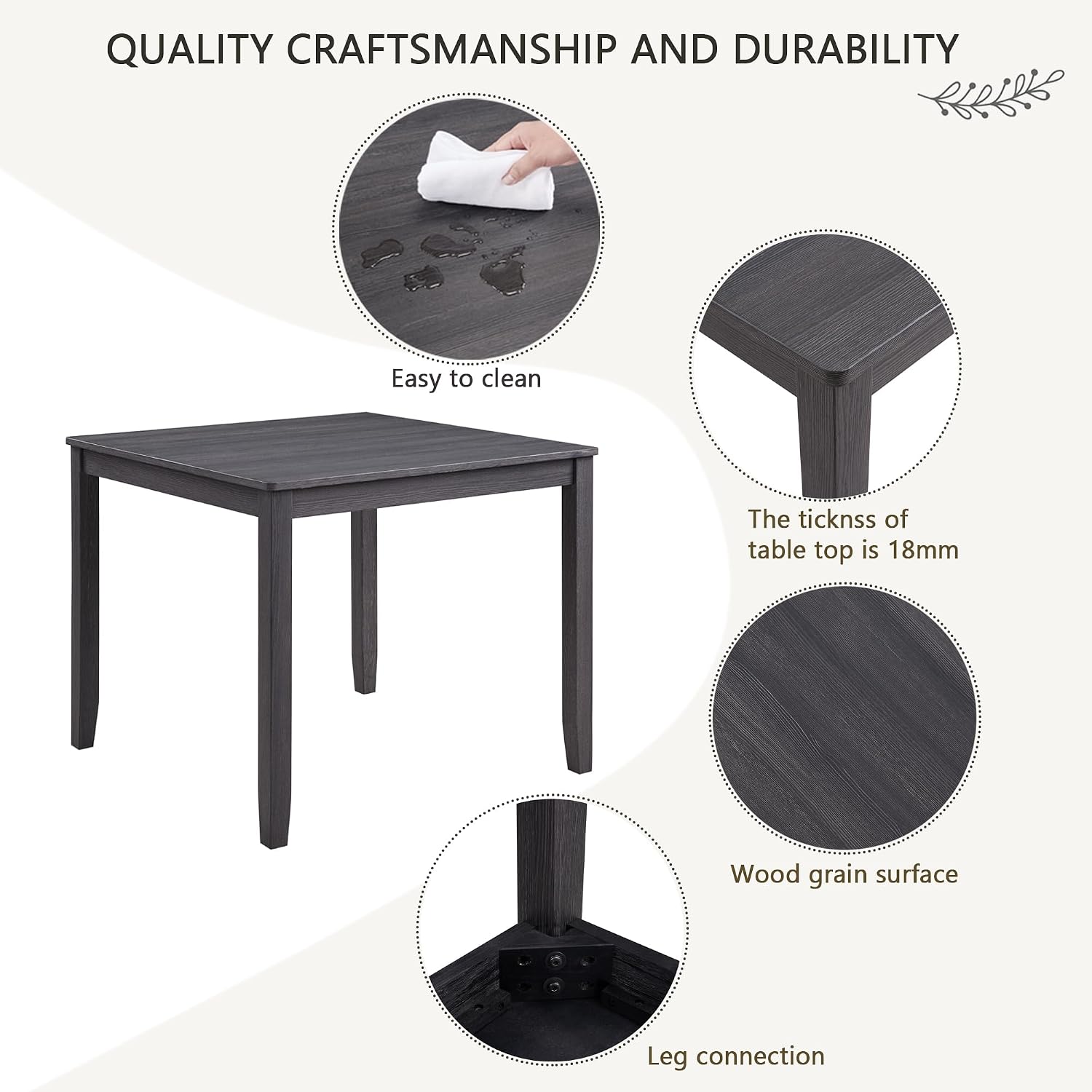 KEIKI 5-Piece Standard Height Dining Table Set with Square Table, 4 Upholstered Curved Backrest Chair, for 4 Person, Modern Style Table Set, Easy Assembly, for Kitchen, Dining Room, Black+Beige