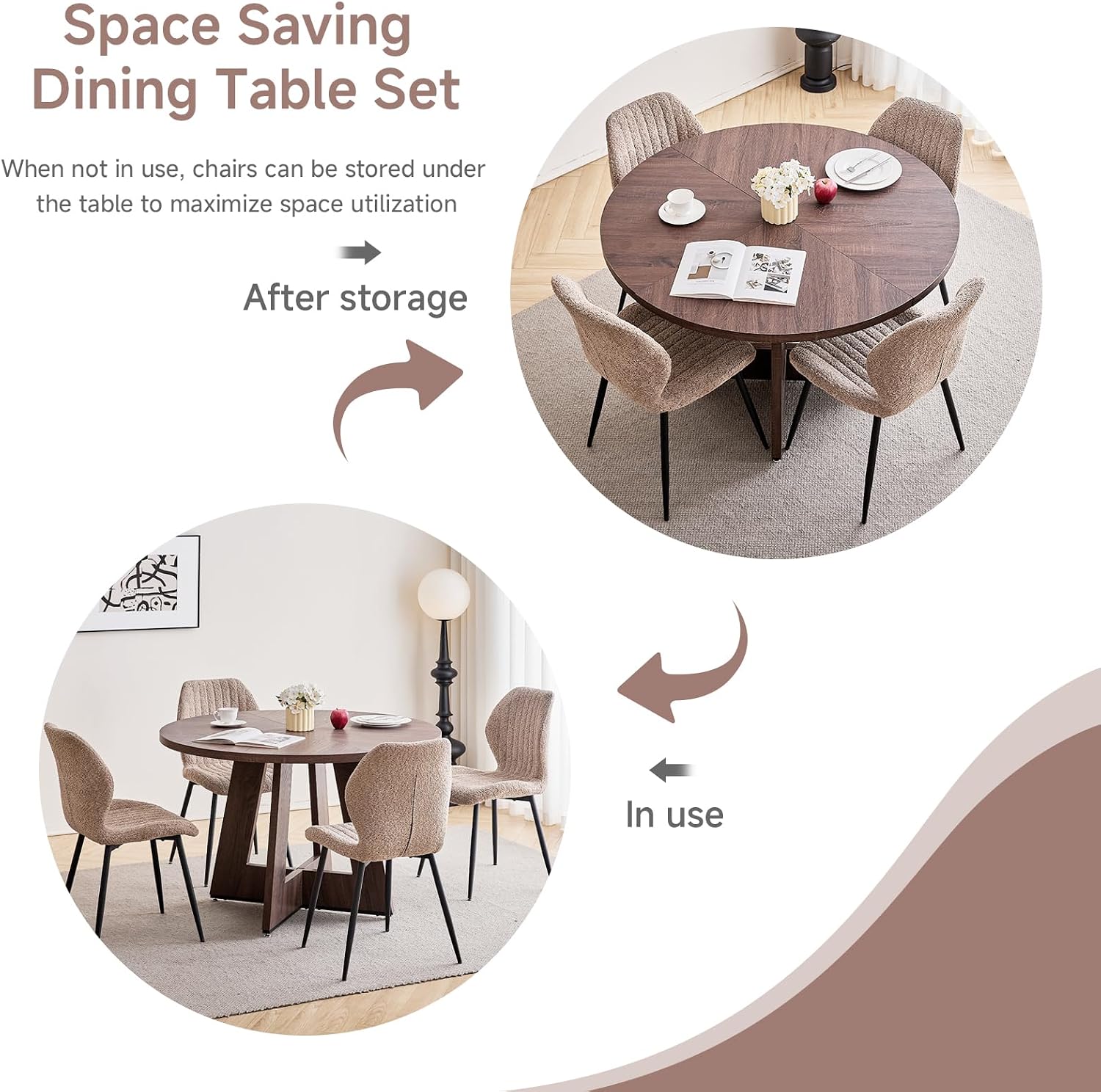 47' Round Dining Table Set for 4 with Chairs Kitchen Table and Chairs Set Mid-Century Modern Chair with Metal Leg for Apartment Living Room(Walnut Table with 4 Brown Chairs)