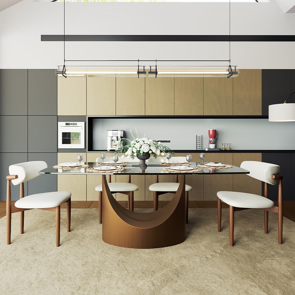 POVISON 71' Glass Dining Table for 6-8, Modern Rectangular Dining Table,Tempered Glass Table Top with U-Shaped Bronze Base,Ideal for Kitchens, Living Rooms(Table Only)