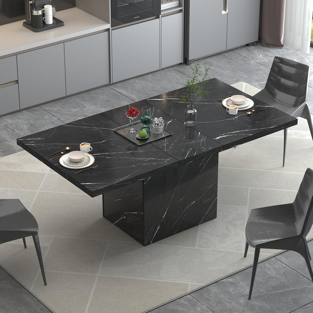 HSH 55 inch Dining Room Table for 4, Modern Black Faux Marble Dining Table, Rectangle Kitchen Table with Heavy Duty Pedestal, Industrial Wood Dinner Desk for Home Living Room, Black Marble, 55 Inch