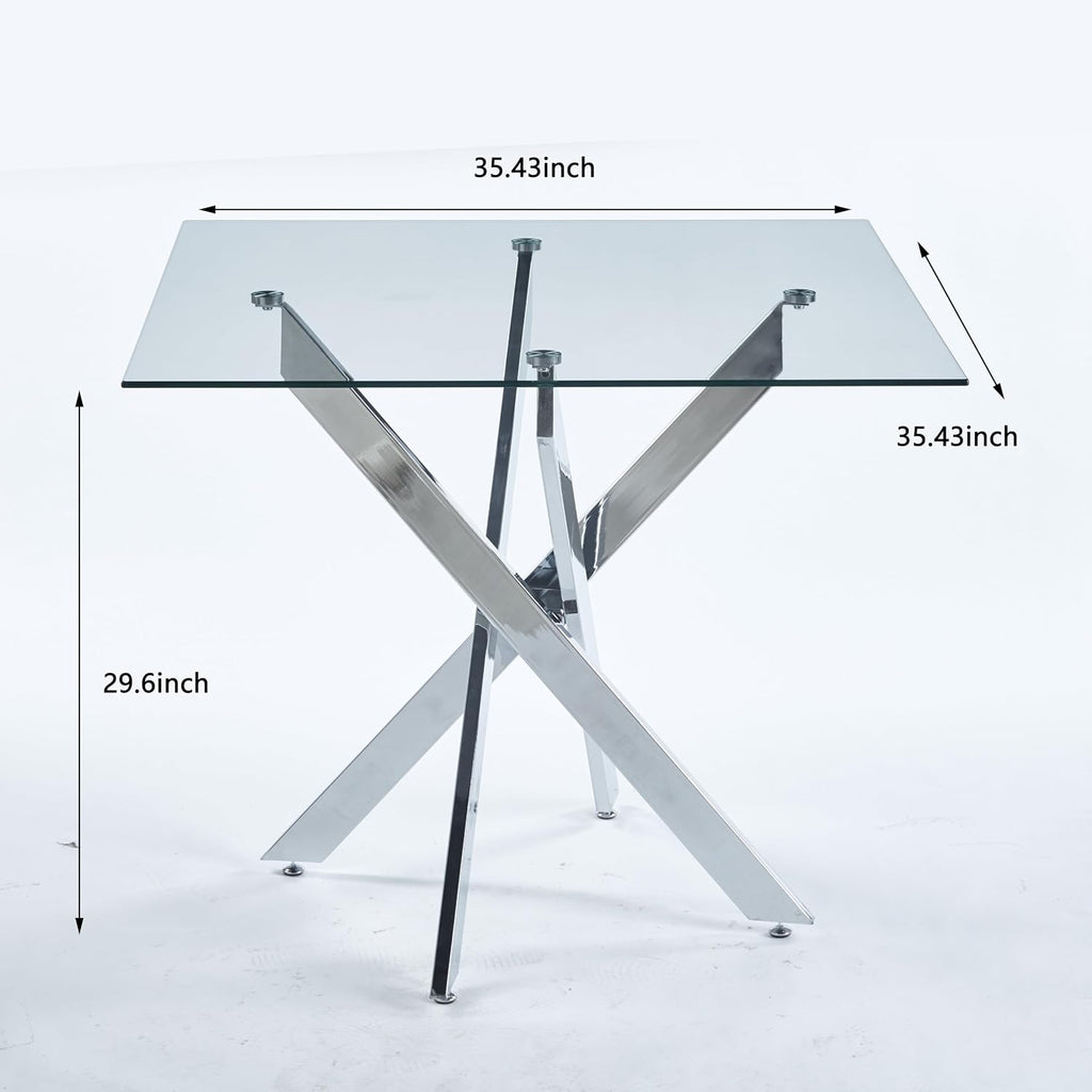 36' Square Dining Table for 4, Modern Clear Glass Kitchen Table for 4 with Silver X Metal Legs, Contemporary Small Glass Dining Room Leisure Tables for Kitchen Apartment