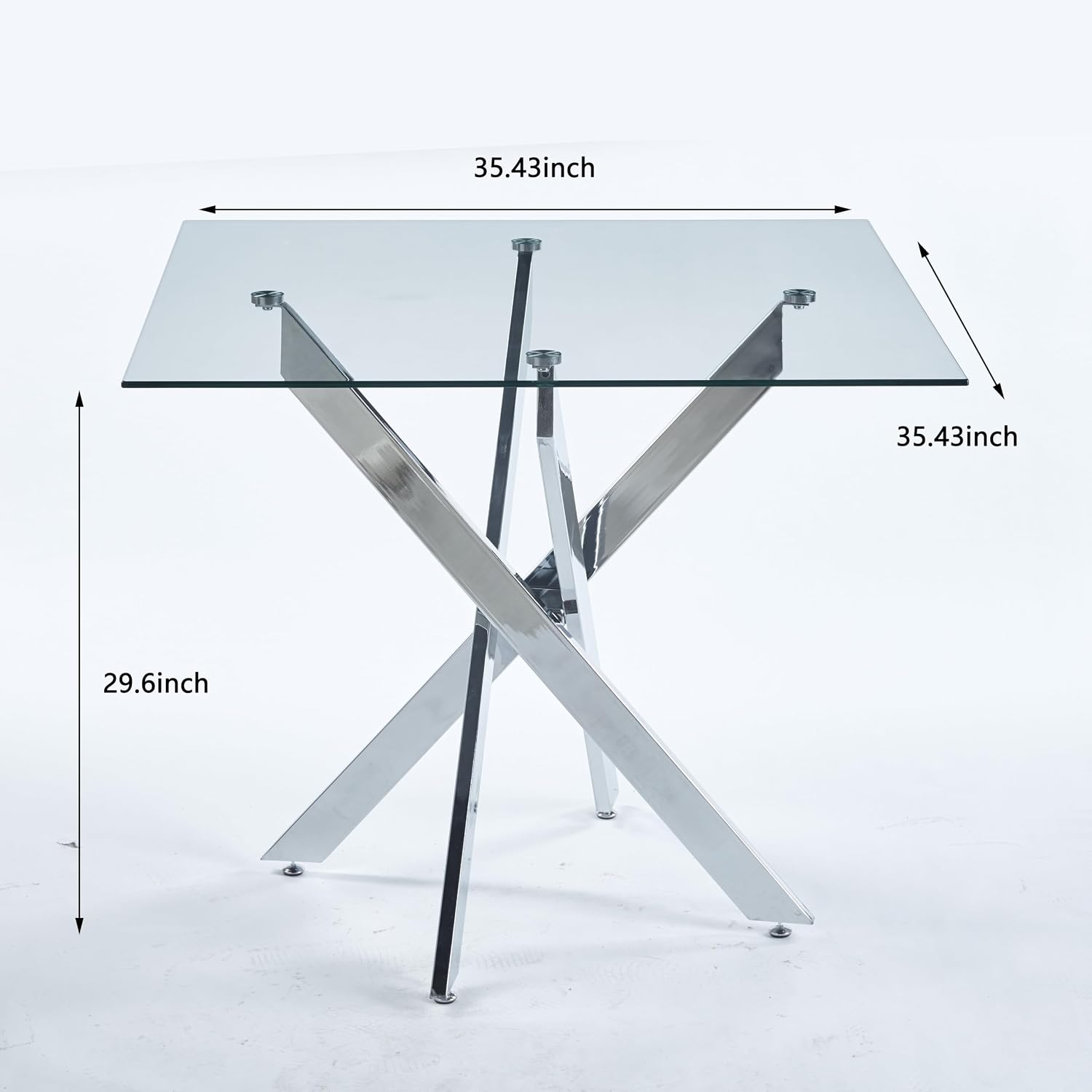 36' Square Dining Table for 4, Modern Clear Glass Kitchen Table for 4 with Silver X Metal Legs, Contemporary Small Glass Dining Room Leisure Tables for Kitchen Apartment