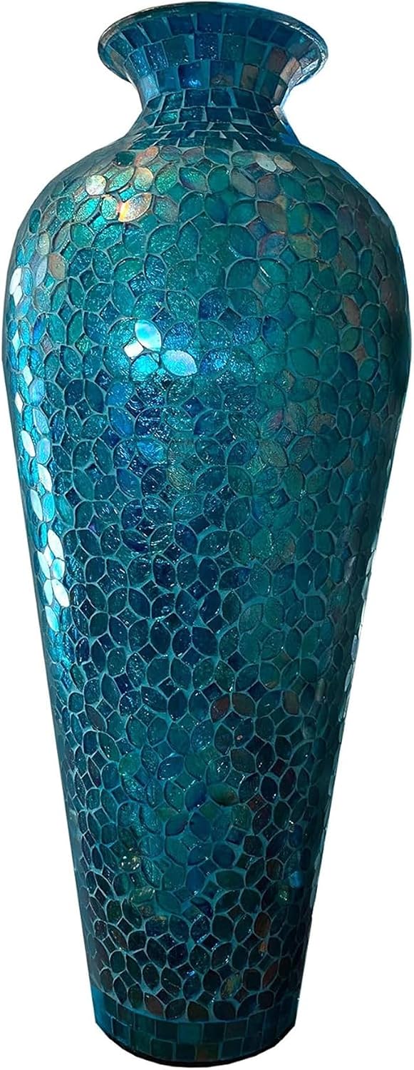 20' Tall Mosaic Floor Vase, Handmade Turquoise Metal Vase with Moorish Floral Glass Inlay, Decorative Accent for Living Room, Bedroom, Entryway & Table Centerpiece